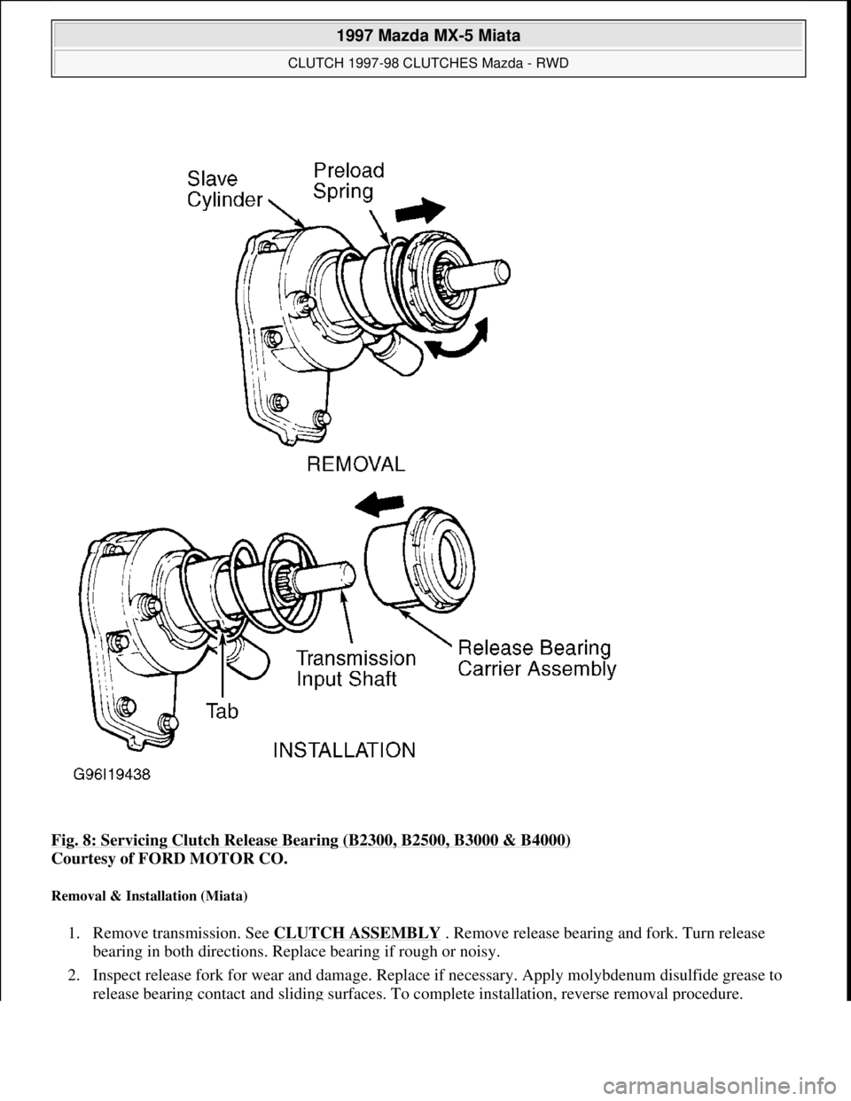 MAZDA MX-5 1997 Factory Repair Manual Fig. 8: Servicing Clutch Release Bearing (B2300, B2500, B3000 & B4000)
Courtesy of FORD MOTOR CO.
Removal & Installation (Miata)
1. Remove transmission. See CLUTCH ASSEMBLY . Remove release bearing MAZDA MX-5 1997 Factory Repair Manual Fig. 8: Servicing Clutch Release Bearing (B2300, B2500, B3000 & B4000)
Courtesy of FORD MOTOR CO.
Removal & Installation (Miata)
1. Remove transmission. See CLUTCH ASSEMBLY . Remove release bearing