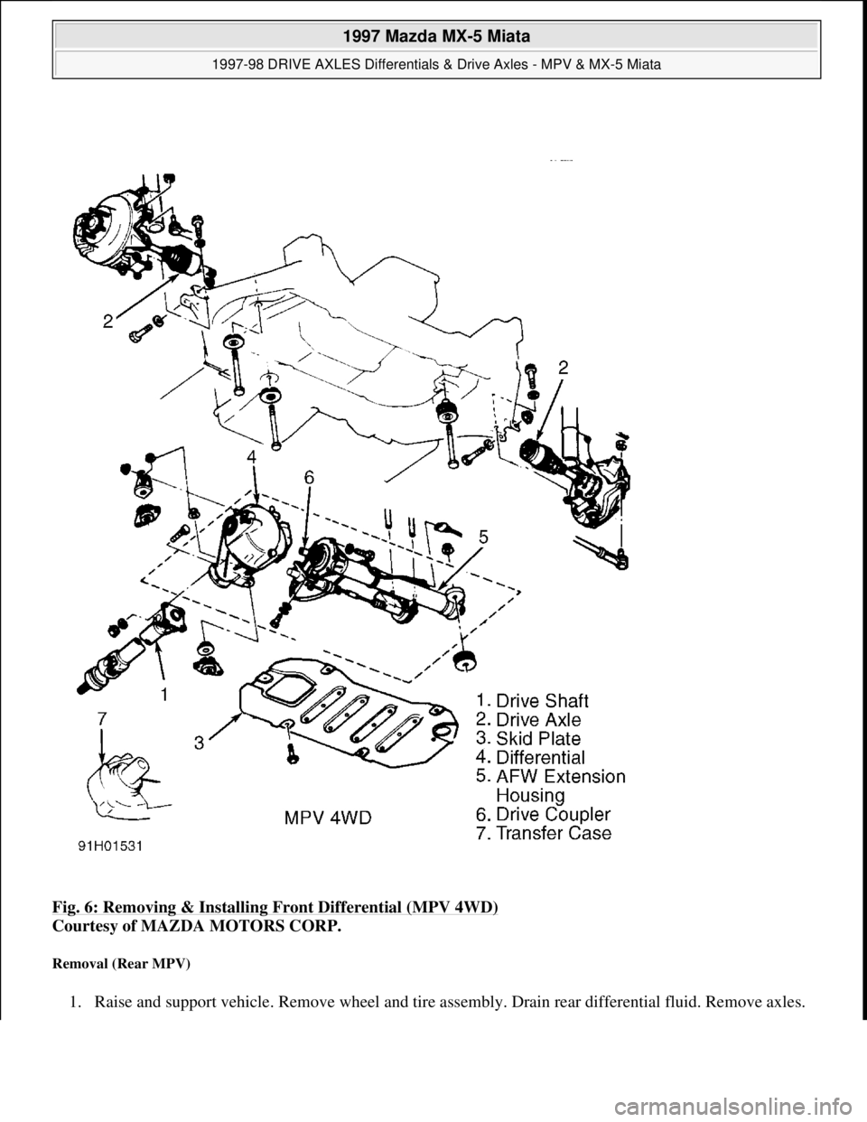 MAZDA MX-5 1997 Factory Repair Manual Fig. 6: Removing & Installing Front Differential (MPV 4WD)
Courtesy of MAZDA MOTORS CORP.
Removal (Rear MPV)
1. Raise and support vehicle. Remove wheel and tire assembly. Drain rear differential fl MAZDA MX-5 1997 Factory Repair Manual Fig. 6: Removing & Installing Front Differential (MPV 4WD)
Courtesy of MAZDA MOTORS CORP.
Removal (Rear MPV)
1. Raise and support vehicle. Remove wheel and tire assembly. Drain rear differential fl