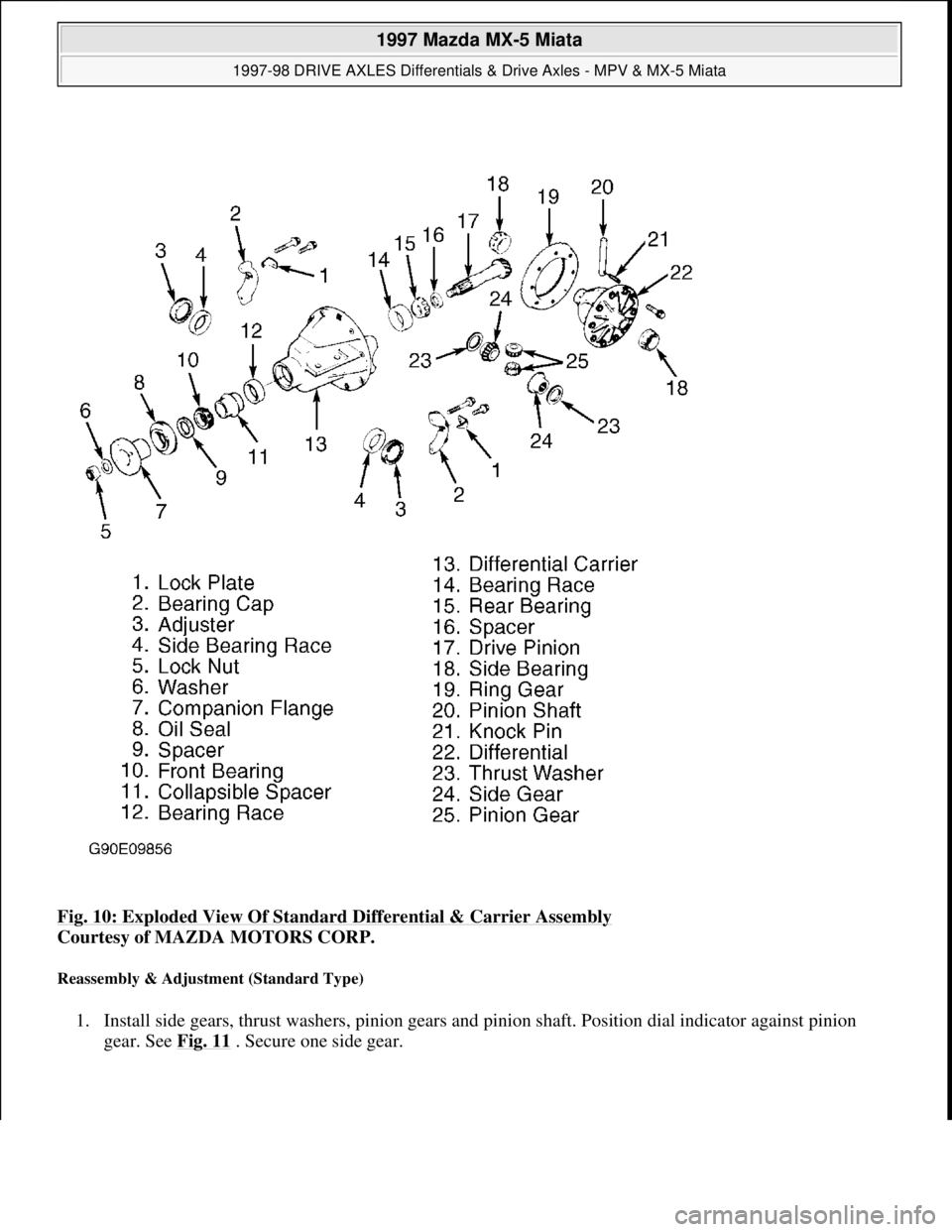 MAZDA MX-5 1997 Factory Repair Manual Fig. 10: Exploded View Of Standard Differential & Carrier Assembly
Courtesy of MAZDA MOTORS CORP.
Reassembly & Adjustment (Standard Type)
1. Install side gears, thrust washers, pinion gears and pin MAZDA MX-5 1997 Factory Repair Manual Fig. 10: Exploded View Of Standard Differential & Carrier Assembly
Courtesy of MAZDA MOTORS CORP.
Reassembly & Adjustment (Standard Type)
1. Install side gears, thrust washers, pinion gears and pin