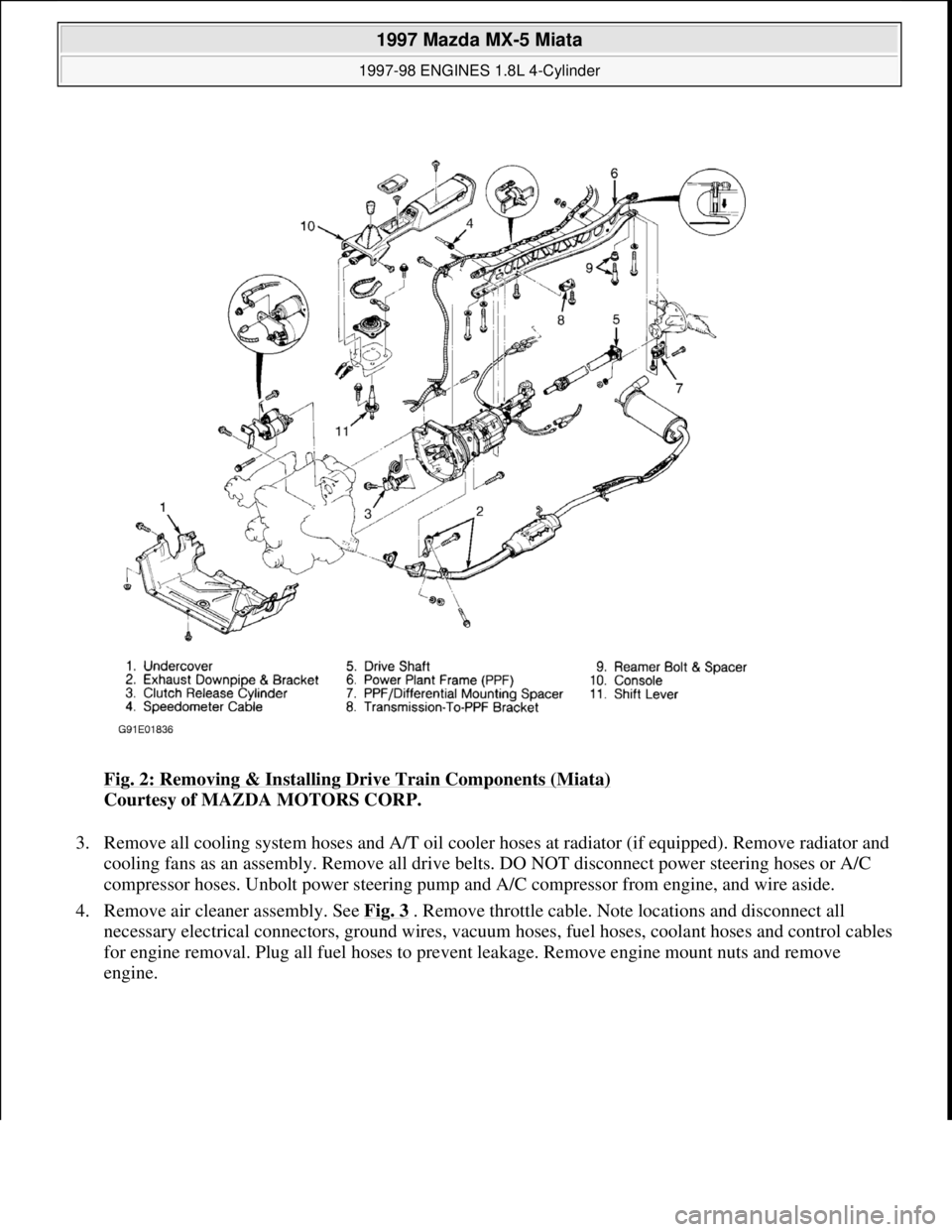 MAZDA MX-5 1997 Factory User Guide Fig. 2: Removing & Installing Drive Train Components (Miata)
Courtesy of MAZDA MOTORS CORP.
3. Remove all cooling system hoses and A/T oil cooler hoses at radiator (if equipped). Remove radiator and MAZDA MX-5 1997 Factory User Guide Fig. 2: Removing & Installing Drive Train Components (Miata)
Courtesy of MAZDA MOTORS CORP.
3. Remove all cooling system hoses and A/T oil cooler hoses at radiator (if equipped). Remove radiator and