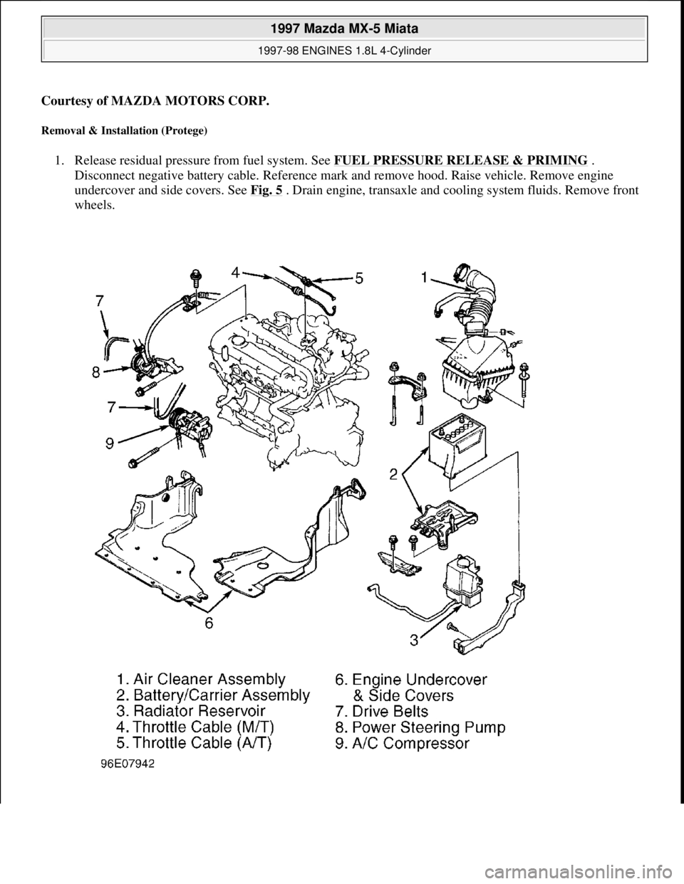 MAZDA MX-5 1997 Factory Repair Manual Courtesy of MAZDA MOTORS CORP.
Removal & Installation (Protege)
1. Release residual pressure from fuel system. See FUEL PRESSURE RELEASE & PRIMING .
Disconnect negative battery cable. Reference mar MAZDA MX-5 1997 Factory Repair Manual Courtesy of MAZDA MOTORS CORP.
Removal & Installation (Protege)
1. Release residual pressure from fuel system. See FUEL PRESSURE RELEASE & PRIMING .
Disconnect negative battery cable. Reference mar