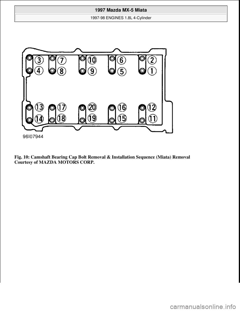 MAZDA MX-5 1997 Factory Repair Manual Fig. 10: Camshaft Bearing Cap Bolt Removal & Installation Sequence (Miata) Removal
Courtesy of MAZDA MOTORS CORP.
1997 Mazda MX-5 Miata
1997-98 ENGINES 1.8L 4-Cylinder
Microsoft
Sunday, July MAZDA MX-5 1997 Factory Repair Manual Fig. 10: Camshaft Bearing Cap Bolt Removal & Installation Sequence (Miata) Removal
Courtesy of MAZDA MOTORS CORP.
1997 Mazda MX-5 Miata
1997-98 ENGINES 1.8L 4-Cylinder
Microsoft
Sunday, July