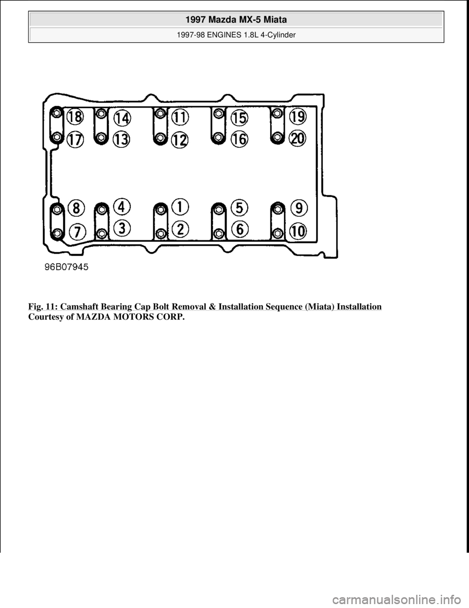 MAZDA MX-5 1997 Factory Repair Manual Fig. 11: Camshaft Bearing Cap Bolt Removal & Installation Sequence (Miata) Installation
Courtesy of MAZDA MOTORS CORP.
1997 Mazda MX-5 Miata
1997-98 ENGINES 1.8L 4-Cylinder
Microsoft
Sunday, MAZDA MX-5 1997 Factory Repair Manual Fig. 11: Camshaft Bearing Cap Bolt Removal & Installation Sequence (Miata) Installation
Courtesy of MAZDA MOTORS CORP.
1997 Mazda MX-5 Miata
1997-98 ENGINES 1.8L 4-Cylinder
Microsoft
Sunday,