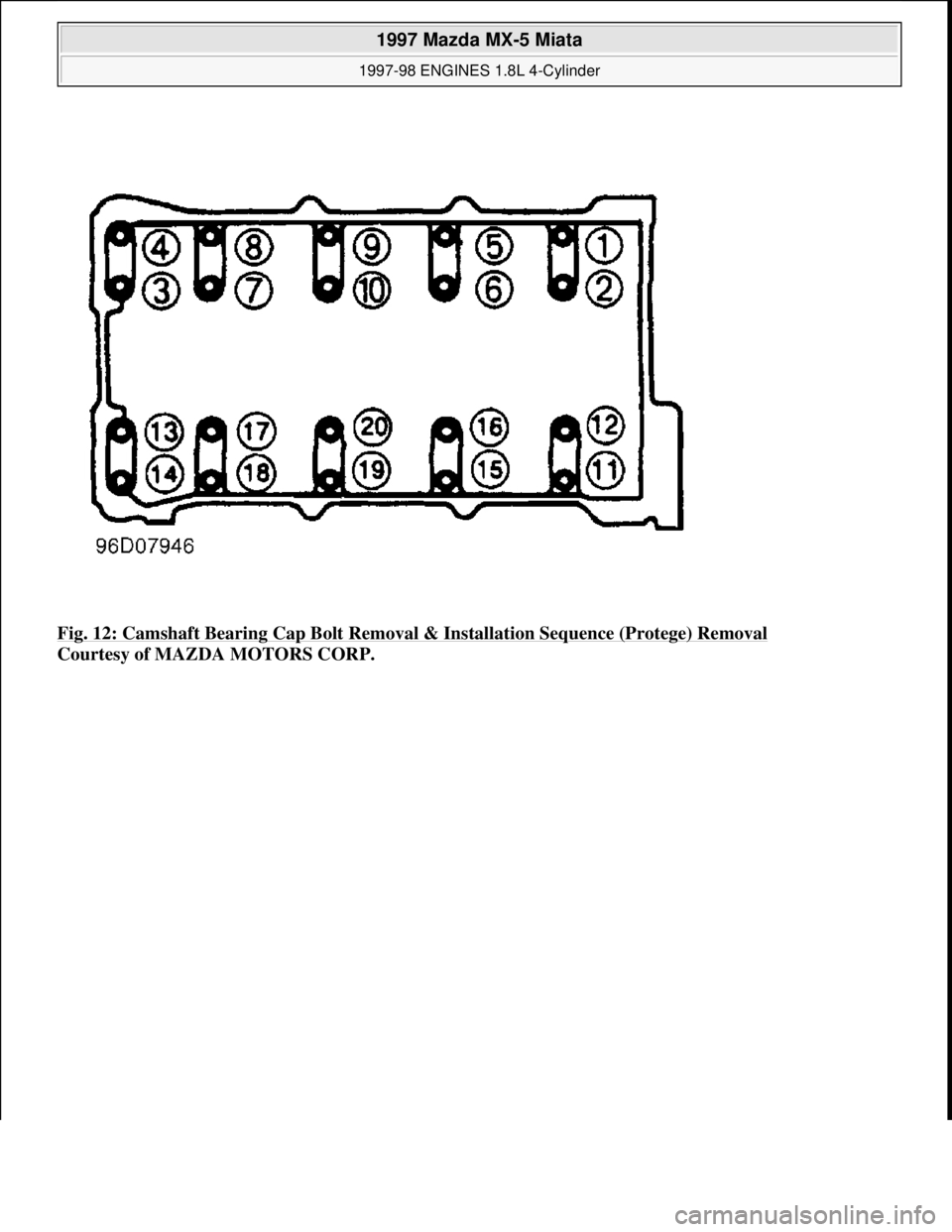 MAZDA MX-5 1997 Factory Repair Manual Fig. 12: Camshaft Bearing Cap Bolt Removal & Installation Sequence (Protege) Removal
Courtesy of MAZDA MOTORS CORP.
1997 Mazda MX-5 Miata
1997-98 ENGINES 1.8L 4-Cylinder
Microsoft
Sunday, Jul MAZDA MX-5 1997 Factory Repair Manual Fig. 12: Camshaft Bearing Cap Bolt Removal & Installation Sequence (Protege) Removal
Courtesy of MAZDA MOTORS CORP.
1997 Mazda MX-5 Miata
1997-98 ENGINES 1.8L 4-Cylinder
Microsoft
Sunday, Jul