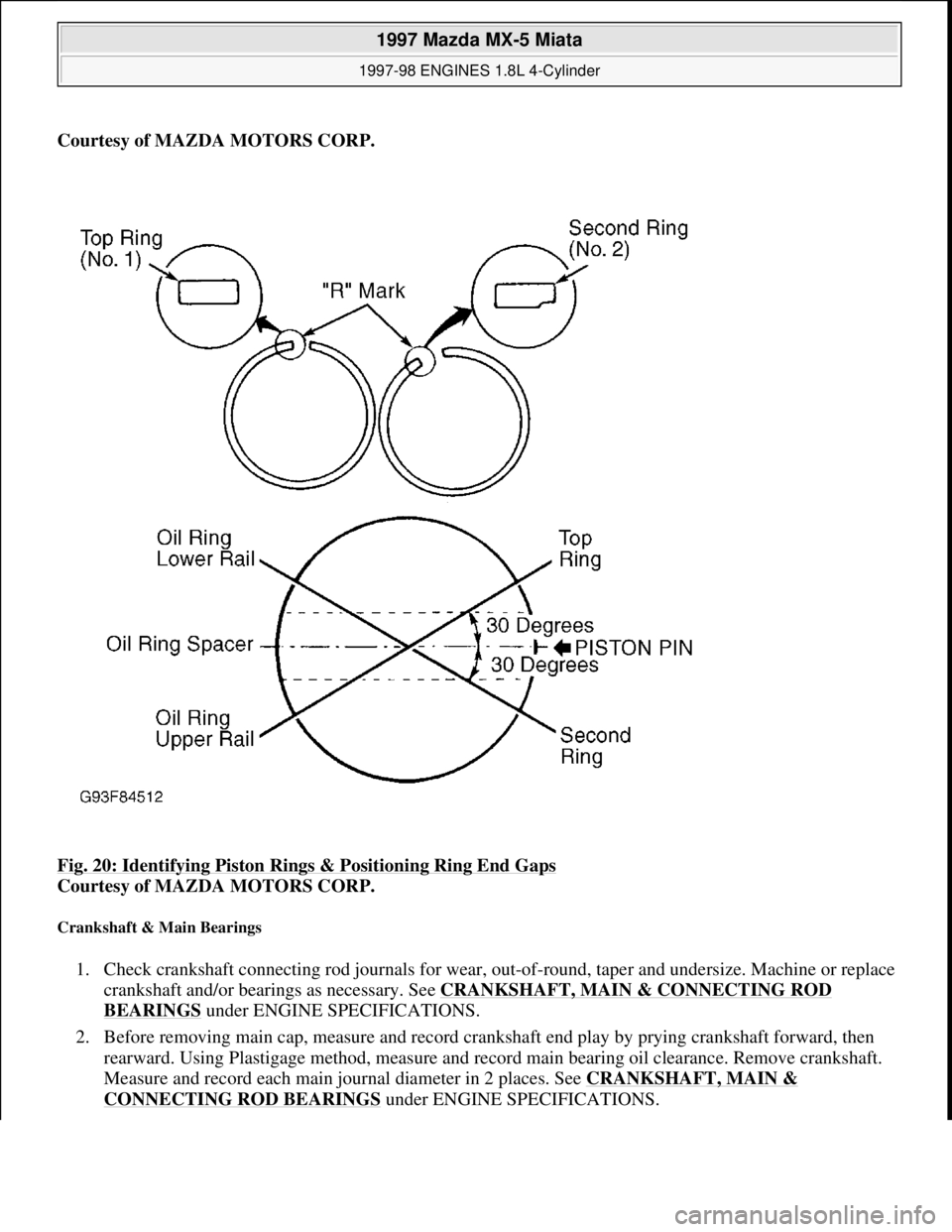 MAZDA MX-5 1997 Factory Repair Manual Courtesy of MAZDA MOTORS CORP.
Fig. 20: Identifying Piston Rings & Positioning Ring End Gaps
Courtesy of MAZDA MOTORS CORP.
Crankshaft & Main Bearings
1. Check crankshaft connecting rod journals MAZDA MX-5 1997 Factory Repair Manual Courtesy of MAZDA MOTORS CORP.
Fig. 20: Identifying Piston Rings & Positioning Ring End Gaps
Courtesy of MAZDA MOTORS CORP.
Crankshaft & Main Bearings
1. Check crankshaft connecting rod journals