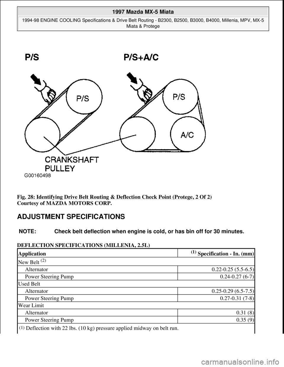MAZDA MX-5 1997  Factory Repair Manual Fig. 28: Identifying Drive Belt Routing & Deflection Check Point (Protege, 2 Of 2) 
Courtesy of MAZDA MOTORS CORP. 
ADJUSTMENT SPECIFICATIONS 
DEFLECTION SPECIFICATIONS (MILLENIA, 2.5L) 
NOTE: Check b