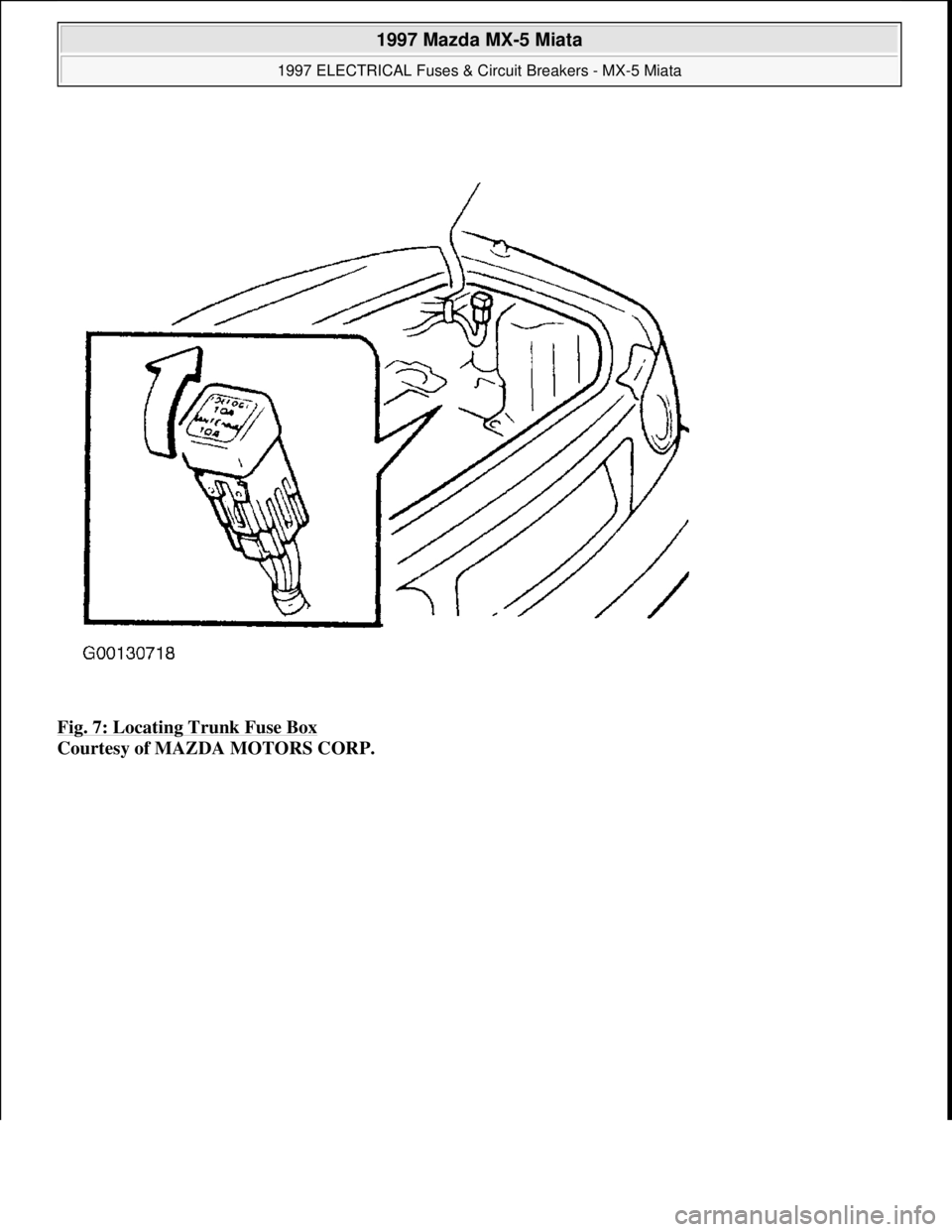 MAZDA MX-5 1997 Factory Repair Manual Fig. 7: Locating Trunk Fuse Box
Courtesy of MAZDA MOTORS CORP.
1997 Mazda MX-5 Miata
1997 ELECTRICAL Fuses & Circuit Breakers - MX-5 Miata
Microsoft
Sunday, July 05, 2009 1:54:39 PMPage 6 © MAZDA MX-5 1997 Factory Repair Manual Fig. 7: Locating Trunk Fuse Box
Courtesy of MAZDA MOTORS CORP.
1997 Mazda MX-5 Miata
1997 ELECTRICAL Fuses & Circuit Breakers - MX-5 Miata
Microsoft
Sunday, July 05, 2009 1:54:39 PMPage 6 ©