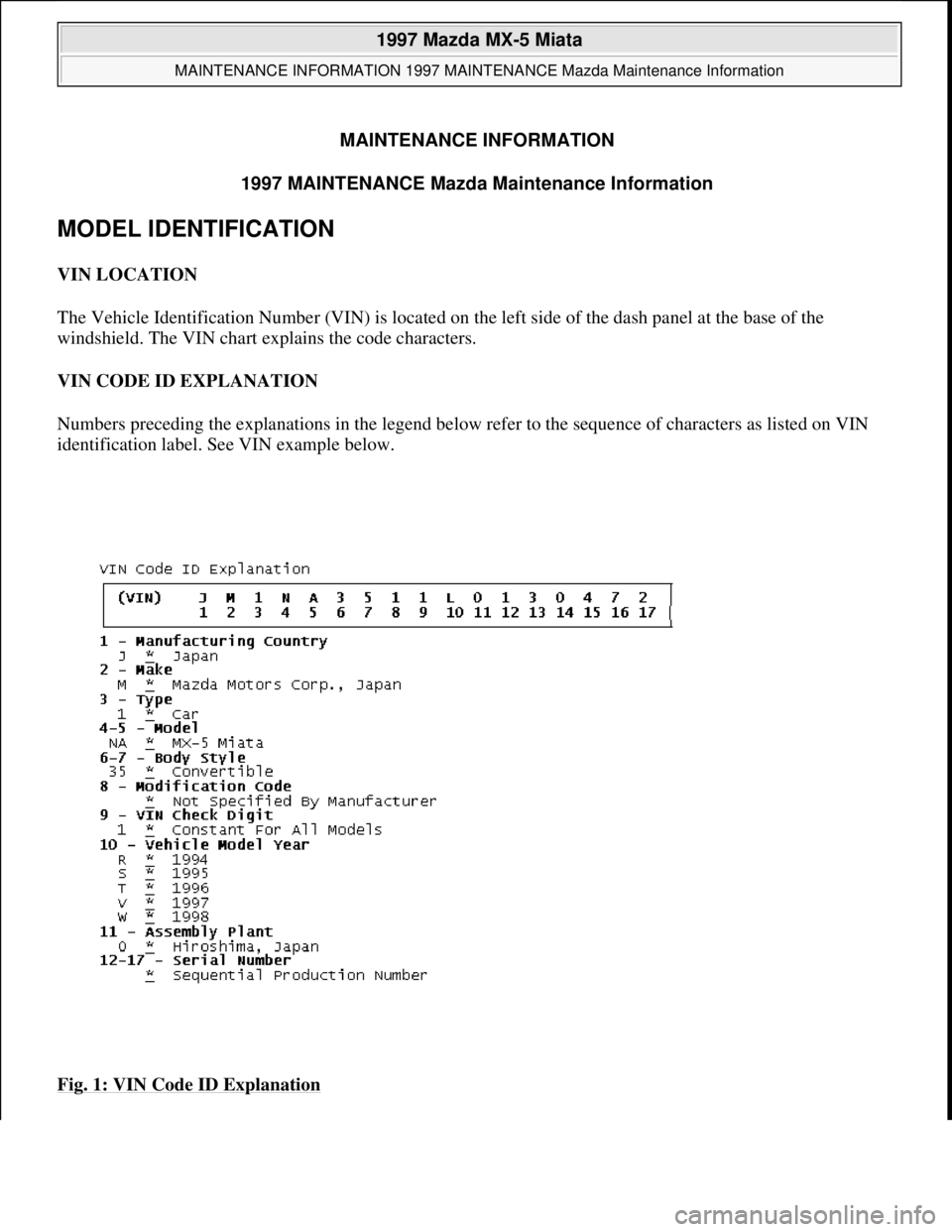 MAZDA MX-5 1997 Factory Repair Manual MAINTENANCE INFORMATION
1997 MAINTENANCE Mazda Maintenance Information
MODEL IDENTIFICATION
VIN LOCATION
The Vehicle Identification Number (VIN) is located on the left side of the dash panel at the MAZDA MX-5 1997 Factory Repair Manual MAINTENANCE INFORMATION
1997 MAINTENANCE Mazda Maintenance Information
MODEL IDENTIFICATION
VIN LOCATION
The Vehicle Identification Number (VIN) is located on the left side of the dash panel at the
