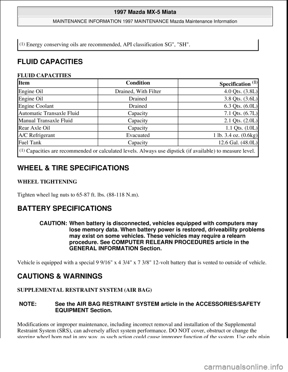 MAZDA MX-5 1997 Factory Repair Manual FLUID CAPACITIES
FLUID CAPACITIES
WHEEL & TIRE SPECIFICATIONS
WHEEL TIGHTENING
Tighten wheel lug nuts to 65-87 ft. lbs. (88-118 N.m).
BATTERY SPECIFICATIONS
Vehicle is equipped with a special 9 MAZDA MX-5 1997 Factory Repair Manual FLUID CAPACITIES
FLUID CAPACITIES
WHEEL & TIRE SPECIFICATIONS
WHEEL TIGHTENING
Tighten wheel lug nuts to 65-87 ft. lbs. (88-118 N.m).
BATTERY SPECIFICATIONS
Vehicle is equipped with a special 9