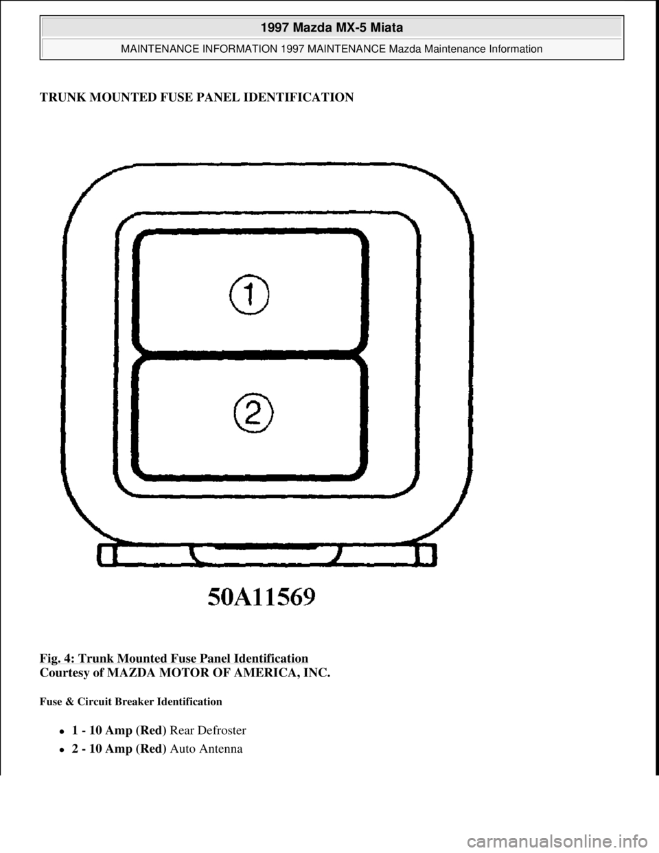 MAZDA MX-5 1997 Factory Repair Manual TRUNK MOUNTED FUSE PANEL IDENTIFICATION
Fig. 4: Trunk Mounted Fuse Panel Identification
Courtesy of MAZDA MOTOR OF AMERICA, INC.
Fuse & Circuit Breaker Identification
1 - 10 Amp (Red) Rear Defr MAZDA MX-5 1997 Factory Repair Manual TRUNK MOUNTED FUSE PANEL IDENTIFICATION
Fig. 4: Trunk Mounted Fuse Panel Identification
Courtesy of MAZDA MOTOR OF AMERICA, INC.
Fuse & Circuit Breaker Identification
1 - 10 Amp (Red) Rear Defr