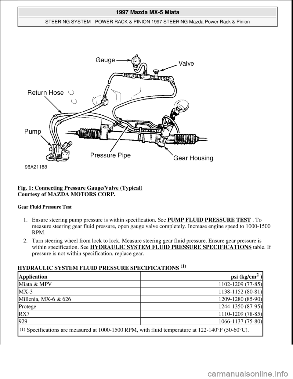 MAZDA MX-5 1997 Factory Repair Manual Fig. 1: Connecting Pressure Gauge/Valve (Typical)
Courtesy of MAZDA MOTORS CORP.
Gear Fluid Pressure Test
1. Ensure steering pump pressure is within specification. See PUMP FLUID PRESSURE TEST . To MAZDA MX-5 1997 Factory Repair Manual Fig. 1: Connecting Pressure Gauge/Valve (Typical)
Courtesy of MAZDA MOTORS CORP.
Gear Fluid Pressure Test
1. Ensure steering pump pressure is within specification. See PUMP FLUID PRESSURE TEST . To