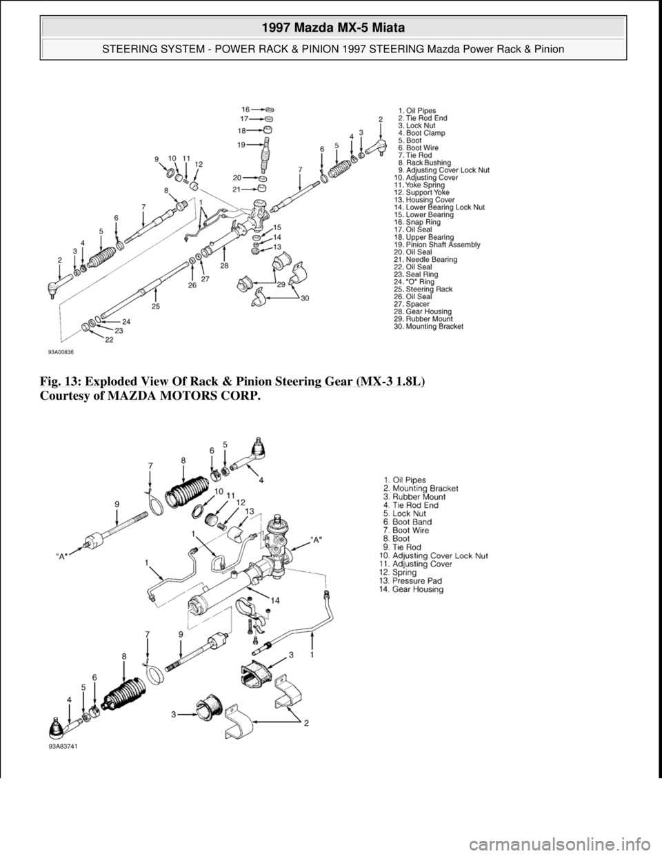 MAZDA MX-5 1997  Factory Repair Manual Fig. 13: Exploded View Of Rack & Pinion Steering Gear (MX-3 1.8L) 
Courtesy of MAZDA MOTORS CORP. 
 
1997 Mazda MX-5 Miata 
STEERING SYSTEM - POWER RACK & PINION 1997 STEERING Mazda Power Rack & Pinio