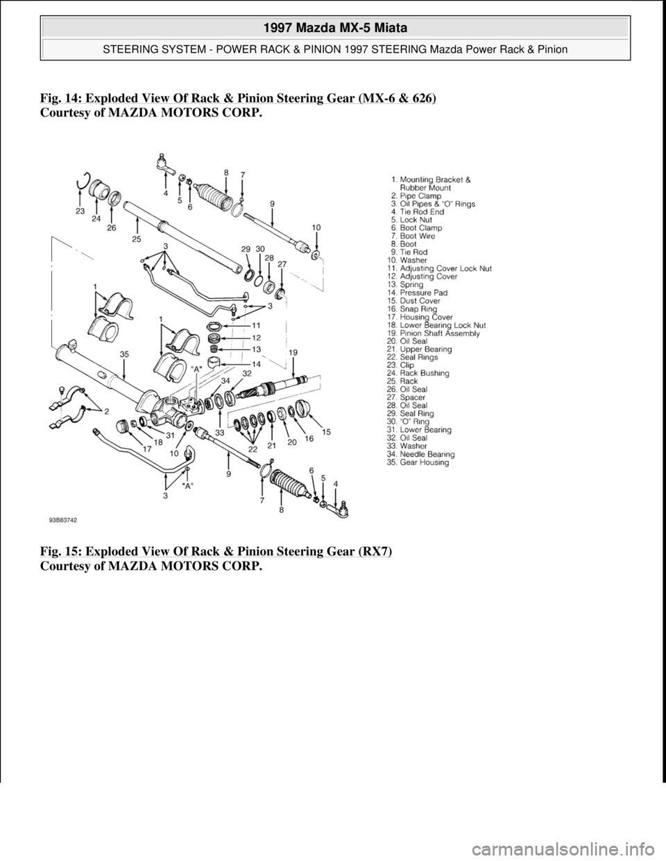 MAZDA MX-5 1997  Factory Repair Manual Fig. 14: Exploded View Of Rack & Pinion Steering Gear (MX-6 & 626)
Courtesy of MAZDA MOTORS CORP. 
Fig. 15: Exploded View Of Rack & Pinion Steering Gear (RX7)
 
Courtesy of MAZDA MOTORS CORP. 
 
1997 