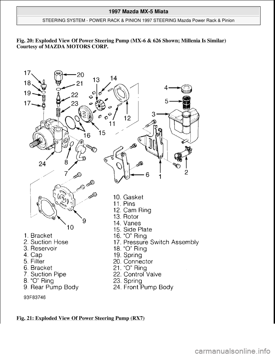 MAZDA MX-5 1997 Factory Repair Manual Fig. 20: Exploded View Of Power Steering Pump (MX-6 & 626 Shown; Millenia Is Similar)
Courtesy of MAZDA MOTORS CORP.
Fig. 21: Exploded View Of Power Steering Pump (RX7)
1997 Mazda MX-5 Miata
STEER MAZDA MX-5 1997 Factory Repair Manual Fig. 20: Exploded View Of Power Steering Pump (MX-6 & 626 Shown; Millenia Is Similar)
Courtesy of MAZDA MOTORS CORP.
Fig. 21: Exploded View Of Power Steering Pump (RX7)
1997 Mazda MX-5 Miata
STEER