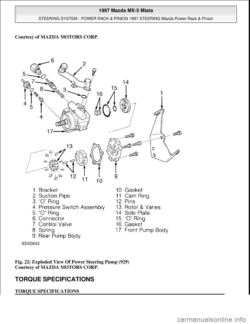 MAZDA MX-5 1997 Factory Repair Manual Courtesy of MAZDA MOTORS CORP.
Fig. 22: Exploded View Of Power Steering Pump (929)
Courtesy of MAZDA MOTORS CORP.
TORQUE SPECIFICATIONS
TORQUE SPECIFICATIONS
1997 Mazda MX-5 Miata
STEERING SY MAZDA MX-5 1997 Factory Repair Manual Courtesy of MAZDA MOTORS CORP.
Fig. 22: Exploded View Of Power Steering Pump (929)
Courtesy of MAZDA MOTORS CORP.
TORQUE SPECIFICATIONS
TORQUE SPECIFICATIONS
1997 Mazda MX-5 Miata
STEERING SY