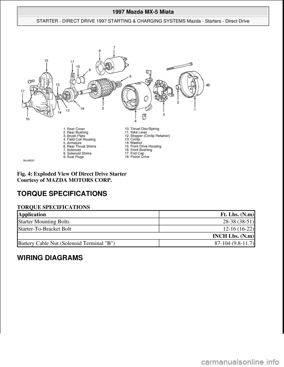 MAZDA MX-5 1997  Factory Repair Manual Fig. 4: Exploded View Of Direct Drive Starter 
Courtesy of MAZDA MOTORS CORP. 
TORQUE SPECIFICATIONS 
TORQUE SPECIFICATIONS 
WIRING DIAGRAMS 
ApplicationFt. Lbs. (N.m)
Starter Mounting Bolts28-38 (38-