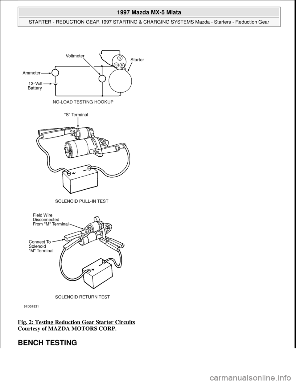 MAZDA MX-5 1997  Factory Repair Manual Fig. 2: Testing Reduction Gear Starter Circuits 
Courtesy of MAZDA MOTORS CORP. 
BENCH TESTING 
 
1997 Mazda MX-5 Miata 
STARTER - REDUCTION GEAR 1997 STARTING & CHARGING SYSTEMS Mazda - Starters - Re