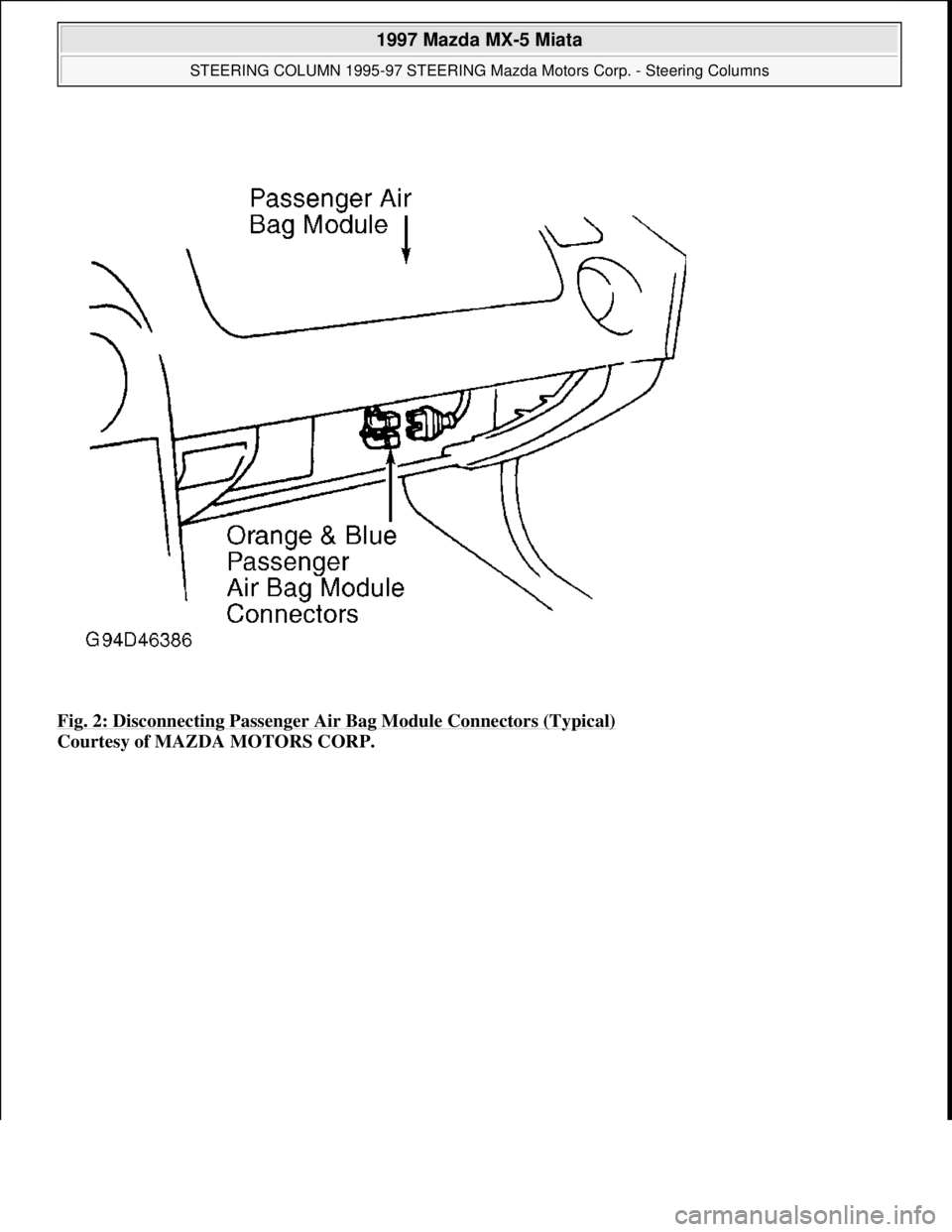 MAZDA MX-5 1997 Factory Repair Manual Fig. 2: Disconnecting Passenger Air Bag Module Connectors (Typical)
Courtesy of MAZDA MOTORS CORP.
1997 Mazda MX-5 Miata
STEERING COLUMN 1995-97 STEERING Mazda Motors Corp. - Steering Columns
M MAZDA MX-5 1997 Factory Repair Manual Fig. 2: Disconnecting Passenger Air Bag Module Connectors (Typical)
Courtesy of MAZDA MOTORS CORP.
1997 Mazda MX-5 Miata
STEERING COLUMN 1995-97 STEERING Mazda Motors Corp. - Steering Columns
M