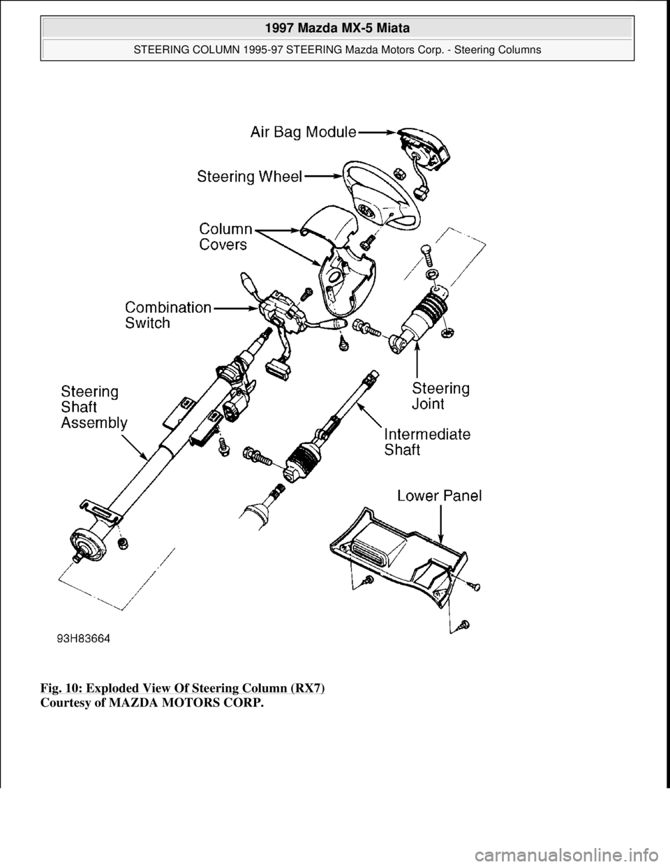 MAZDA MX-5 1997  Factory Repair Manual Fig. 10: Exploded View Of Steering Column (RX7) 
Courtesy of MAZDA MOTORS CORP. 
 
1997 Mazda MX-5 Miata 
STEERING COLUMN 1995-97 STEERING Mazda Motors Corp. - Steering Columns  
Microsoft  
Sunday, J