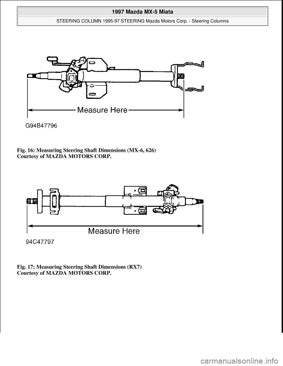 MAZDA MX-5 1997  Factory Repair Manual Fig. 16: Measuring Steering Shaft Dimensions (MX-6, 626) 
Courtesy of MAZDA MOTORS CORP. 
Fig. 17: Measuring Steering Shaft Dimensions (RX7)
 
Courtesy of MAZDA MOTORS CORP. 
 
1997 Mazda MX-5 Miata 

