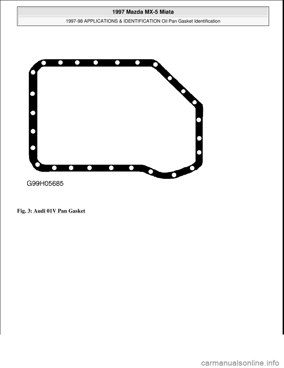 MAZDA MX-5 1997  Factory Repair Manual Fig. 3: Audi 01V Pan Gasket
 
1997 Mazda MX-5 Miata 
1997-98 APPLICATIONS & IDENTIFICATION Oil Pan Gasket Identification  
Microsoft  
Sunday, July 05, 2009 1:34:22 PMPage 3 © 2005 Mitchell Repair In