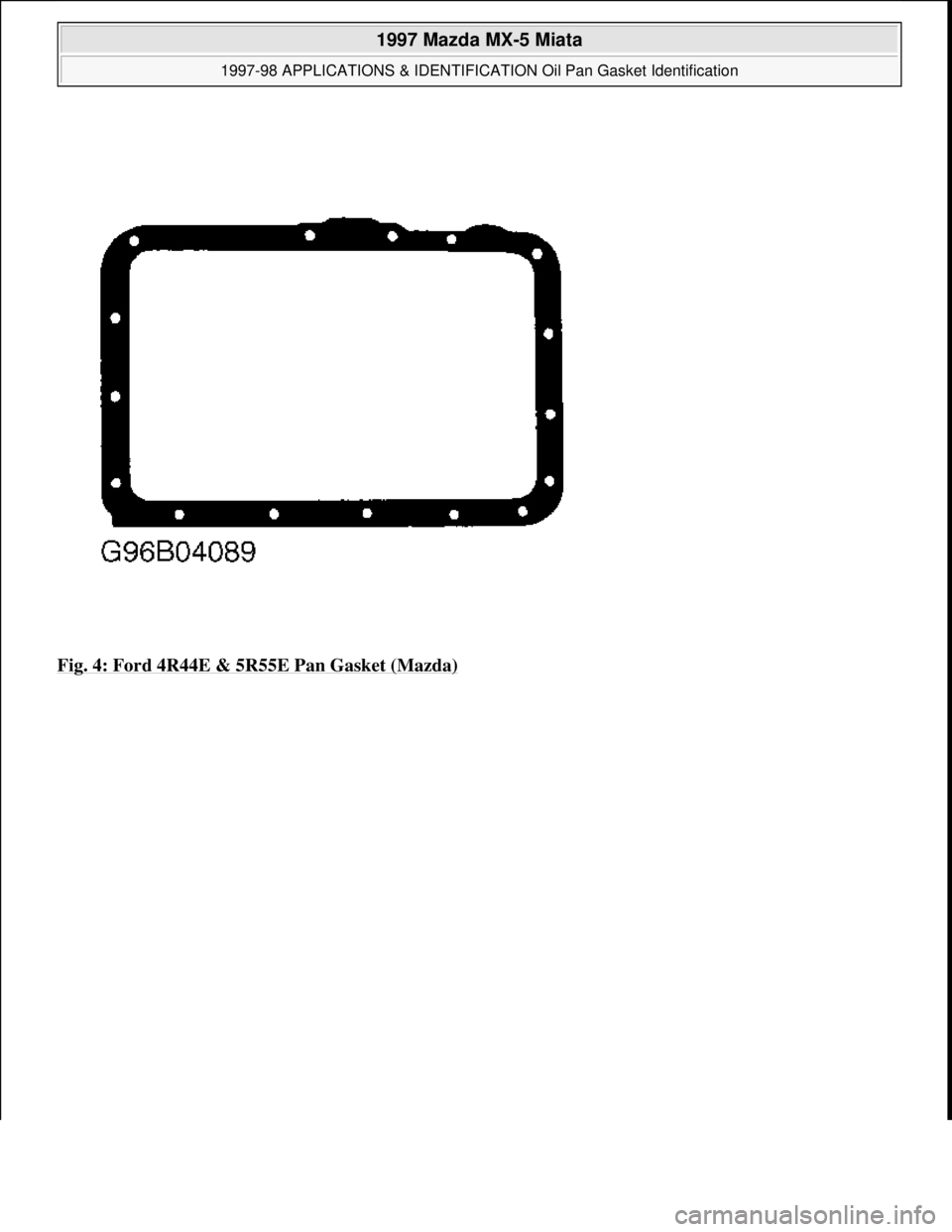 MAZDA MX-5 1997  Factory Repair Manual Fig. 4: Ford 4R44E & 5R55E Pan Gasket (Mazda)
 
1997 Mazda MX-5 Miata 
1997-98 APPLICATIONS & IDENTIFICATION Oil Pan Gasket Identification  
Microsoft  
Sunday, July 05, 2009 1:34:22 PMPage 4 © 2005 