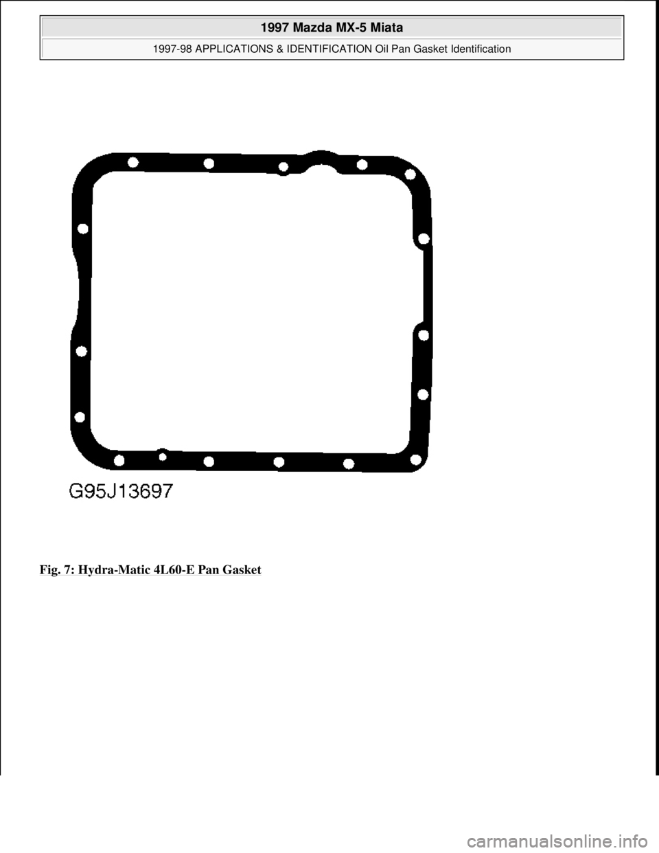 MAZDA MX-5 1997  Factory Repair Manual Fig. 7: Hydra-Matic 4L60-E Pan Gasket 
 
1997 Mazda MX-5 Miata 
1997-98 APPLICATIONS & IDENTIFICATION Oil Pan Gasket Identification  
Microsoft  
Sunday, July 05, 2009 1:34:22 PMPage 7 © 2005 Mitchel