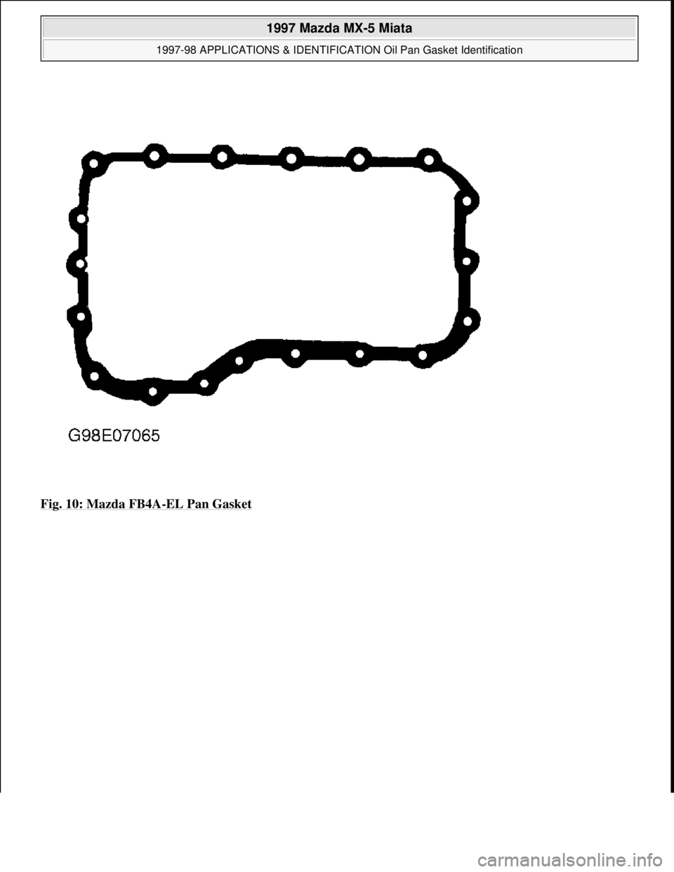 MAZDA MX-5 1997  Factory Repair Manual Fig. 10: Mazda FB4A-EL Pan Gasket 
 
1997 Mazda MX-5 Miata 
1997-98 APPLICATIONS & IDENTIFICATION Oil Pan Gasket Identification  
Microsoft  
Sunday, July 05, 2009 1:34:22 PMPage 10 © 2005 Mitchell R