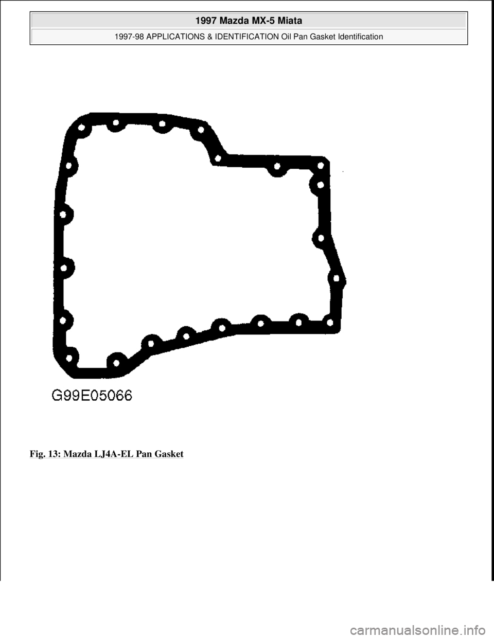 MAZDA MX-5 1997  Factory Repair Manual Fig. 13: Mazda LJ4A-EL Pan Gasket 
 
1997 Mazda MX-5 Miata 
1997-98 APPLICATIONS & IDENTIFICATION Oil Pan Gasket Identification  
Microsoft  
Sunday, July 05, 2009 1:34:22 PMPage 13 © 2005 Mitchell R