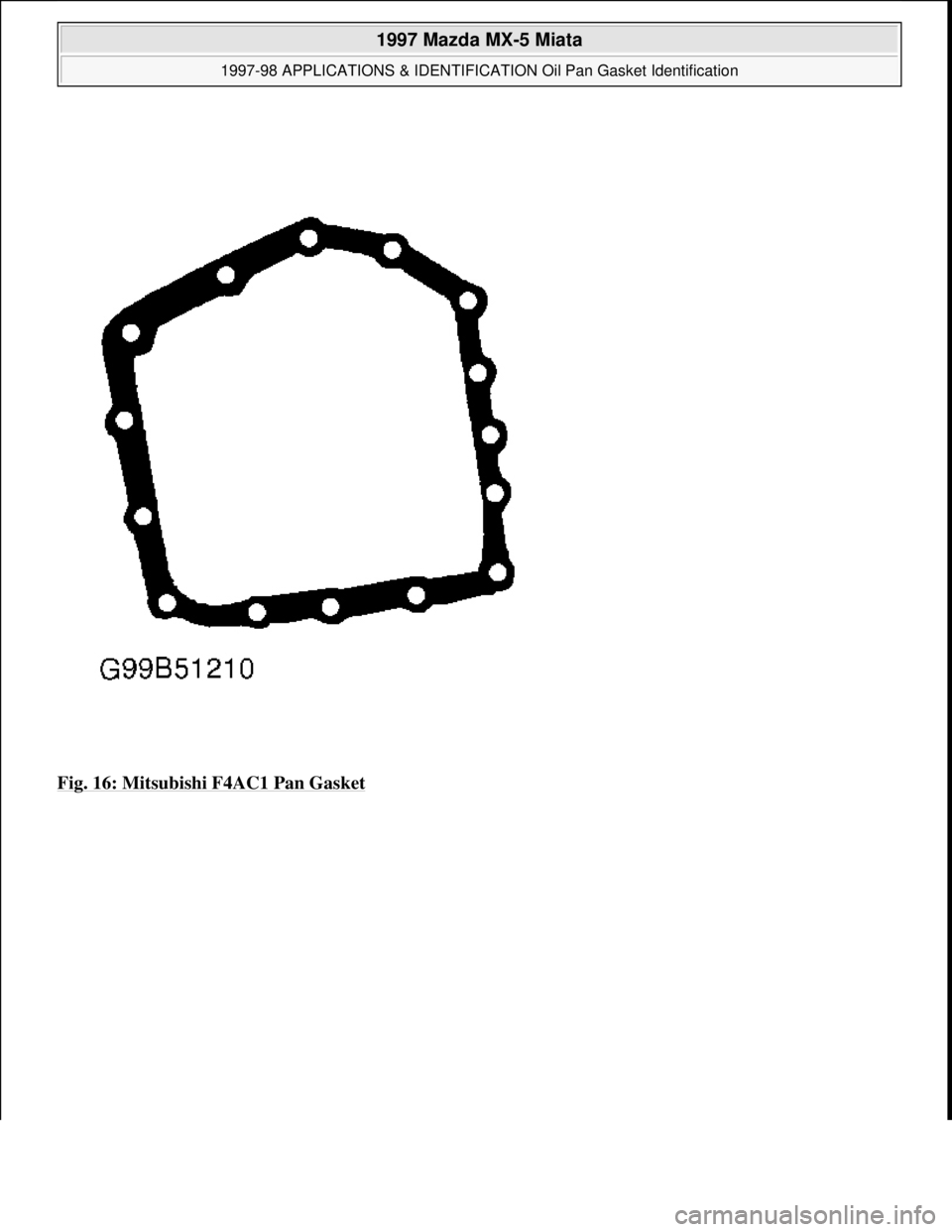 MAZDA MX-5 1997  Factory Repair Manual Fig. 16: Mitsubishi F4AC1 Pan Gasket 
 
1997 Mazda MX-5 Miata 
1997-98 APPLICATIONS & IDENTIFICATION Oil Pan Gasket Identification  
Microsoft  
Sunday, July 05, 2009 1:34:22 PMPage 16 © 2005 Mitchel