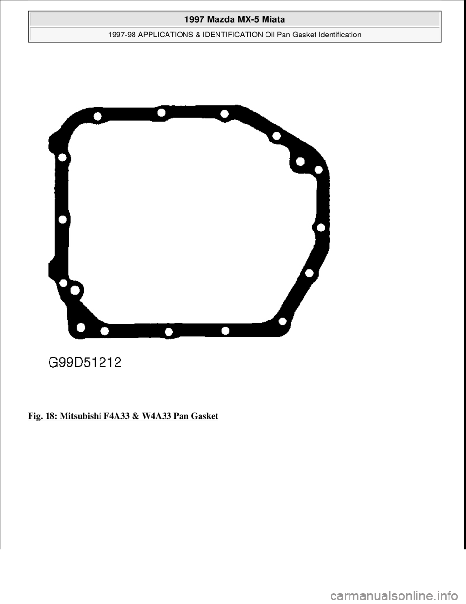 MAZDA MX-5 1997  Factory Repair Manual Fig. 18: Mitsubishi F4A33 & W4A33 Pan Gasket
 
1997 Mazda MX-5 Miata 
1997-98 APPLICATIONS & IDENTIFICATION Oil Pan Gasket Identification  
Microsoft  
Sunday, July 05, 2009 1:34:22 PMPage 18 © 2005 
