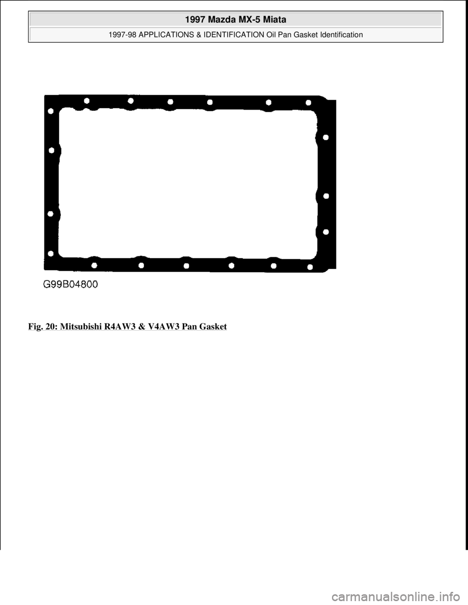 MAZDA MX-5 1997  Factory Repair Manual Fig. 20: Mitsubishi R4AW3 & V4AW3 Pan Gasket
 
1997 Mazda MX-5 Miata 
1997-98 APPLICATIONS & IDENTIFICATION Oil Pan Gasket Identification  
Microsoft  
Sunday, July 05, 2009 1:34:22 PMPage 20 © 2005 