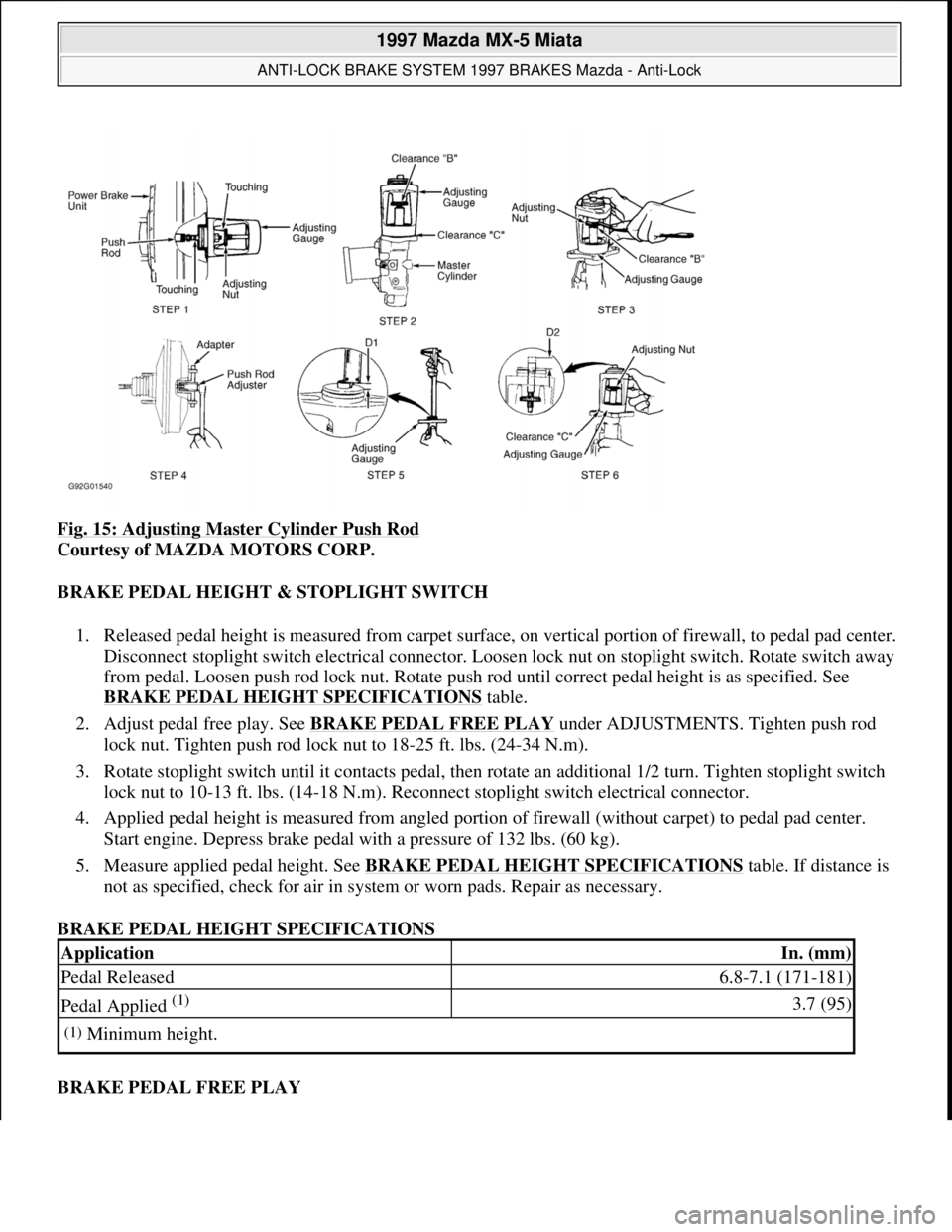 MAZDA MX-5 1997  Factory Repair Manual Fig. 15: Adjusting Master Cylinder Push Rod 
Courtesy of MAZDA MOTORS CORP. 
BRAKE PEDAL HEIGHT & STOPLIGHT SWITCH 
1. Released pedal height is measured from carpet surface, on vertical portion of fir