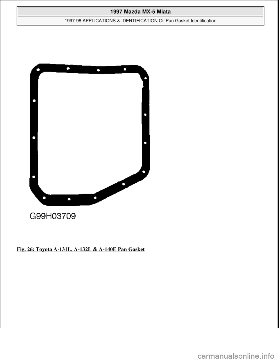 MAZDA MX-5 1997  Factory Repair Manual Fig. 26: Toyota A-131L, A-132L & A-140E Pan Gasket
 
1997 Mazda MX-5 Miata 
1997-98 APPLICATIONS & IDENTIFICATION Oil Pan Gasket Identification  
Microsoft  
Sunday, July 05, 2009 1:34:23 PMPage 26 ©