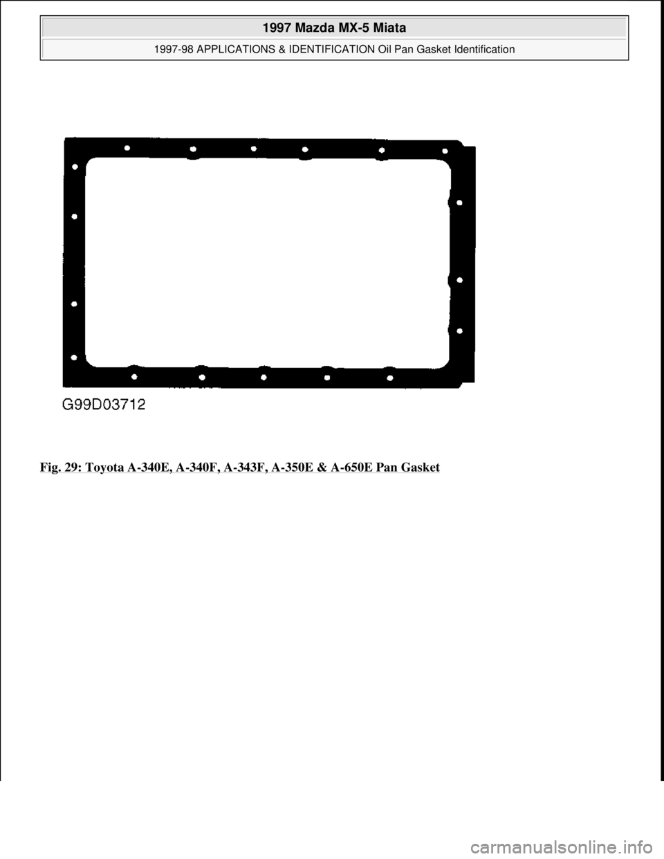 MAZDA MX-5 1997  Factory Repair Manual Fig. 29: Toyota A-340E, A-340F, A-343F, A-350E & A-650E Pan Gasket
 
1997 Mazda MX-5 Miata 
1997-98 APPLICATIONS & IDENTIFICATION Oil Pan Gasket Identification  
Microsoft  
Sunday, July 05, 2009 1:34