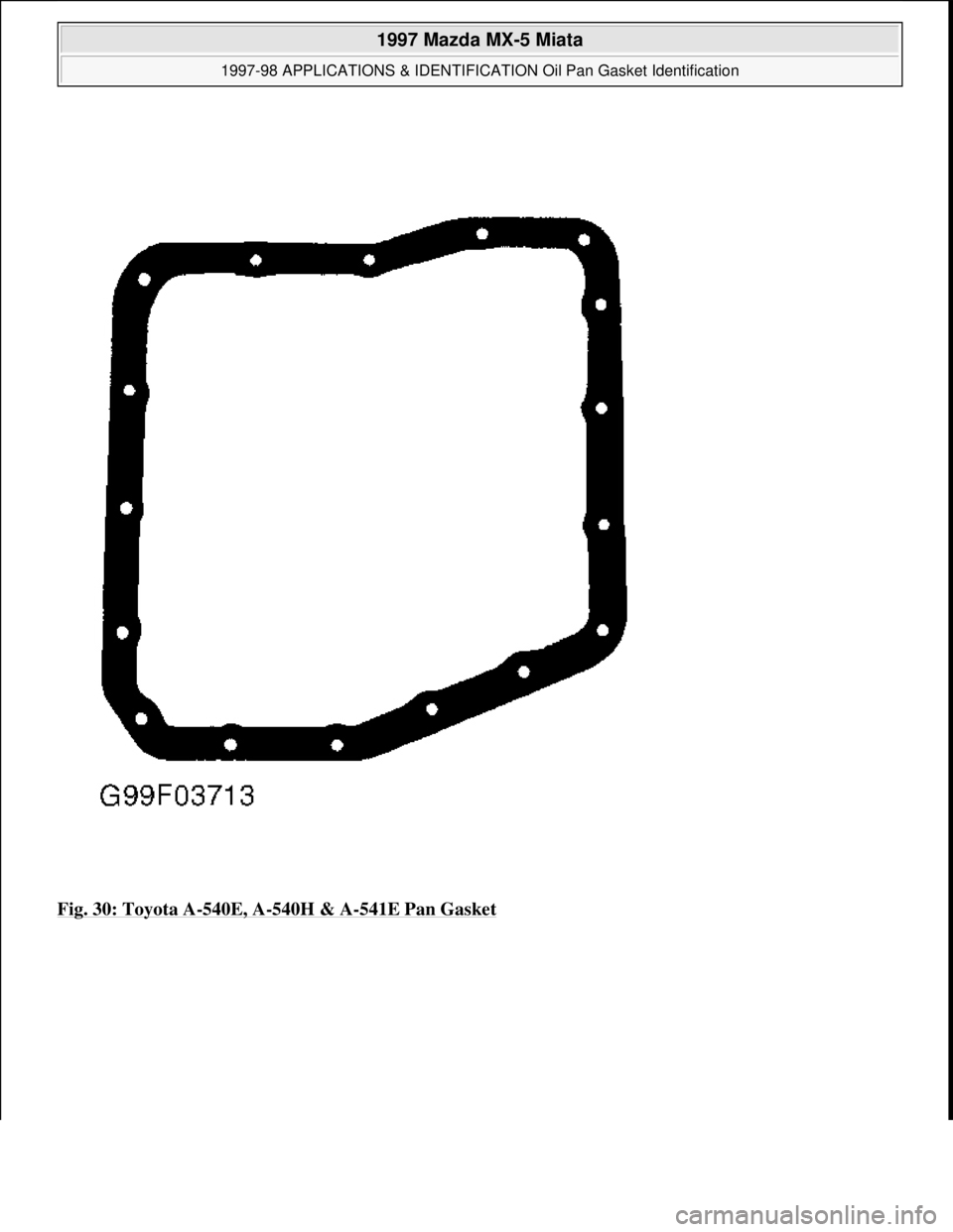 MAZDA MX-5 1997  Factory Repair Manual Fig. 30: Toyota A-540E, A-540H & A-541E Pan Gasket
 
1997 Mazda MX-5 Miata 
1997-98 APPLICATIONS & IDENTIFICATION Oil Pan Gasket Identification  
Microsoft  
Sunday, July 05, 2009 1:34:23 PMPage 30 ©