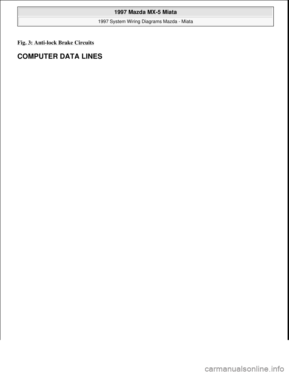MAZDA MX-5 1997  Factory Repair Manual Fig. 3: Anti-lock Brake Circuits 
COMPUTER DATA LINES 
 
1997 Mazda MX-5 Miata 
1997 System Wiring Diagrams Mazda - Miata  
Microsoft  
Sunday, July 05, 2009 1:31:52 PMPage 7 © 2005 Mitchell Repair I