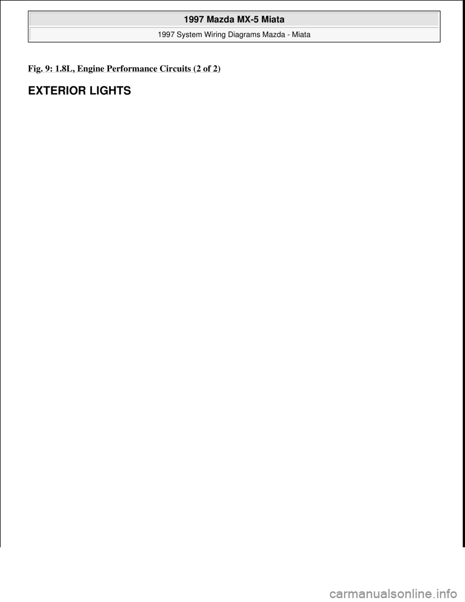 MAZDA MX-5 1997  Factory Repair Manual Fig. 9: 1.8L, Engine Performance Circuits (2 of 2)
EXTERIOR LIGHTS 
 
1997 Mazda MX-5 Miata 
1997 System Wiring Diagrams Mazda - Miata  
Microsoft  
Sunday, July 05, 2009 1:31:52 PMPage 19 © 2005 Mit