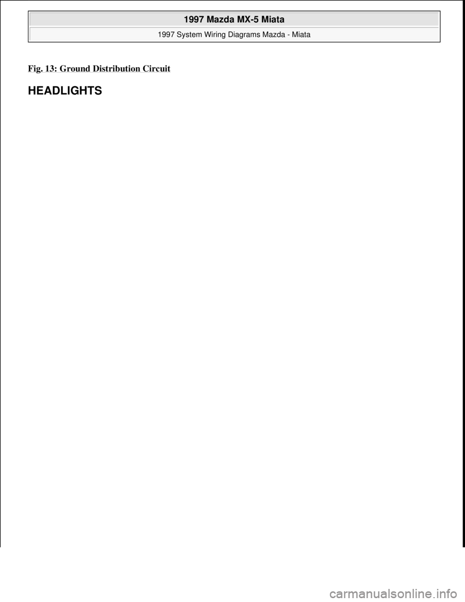 MAZDA MX-5 1997  Factory Repair Manual Fig. 13: Ground Distribution Circuit 
HEADLIGHTS 
 
1997 Mazda MX-5 Miata 
1997 System Wiring Diagrams Mazda - Miata  
Microsoft  
Sunday, July 05, 2009 1:31:52 PMPage 27 © 2005 Mitchell Repair Infor