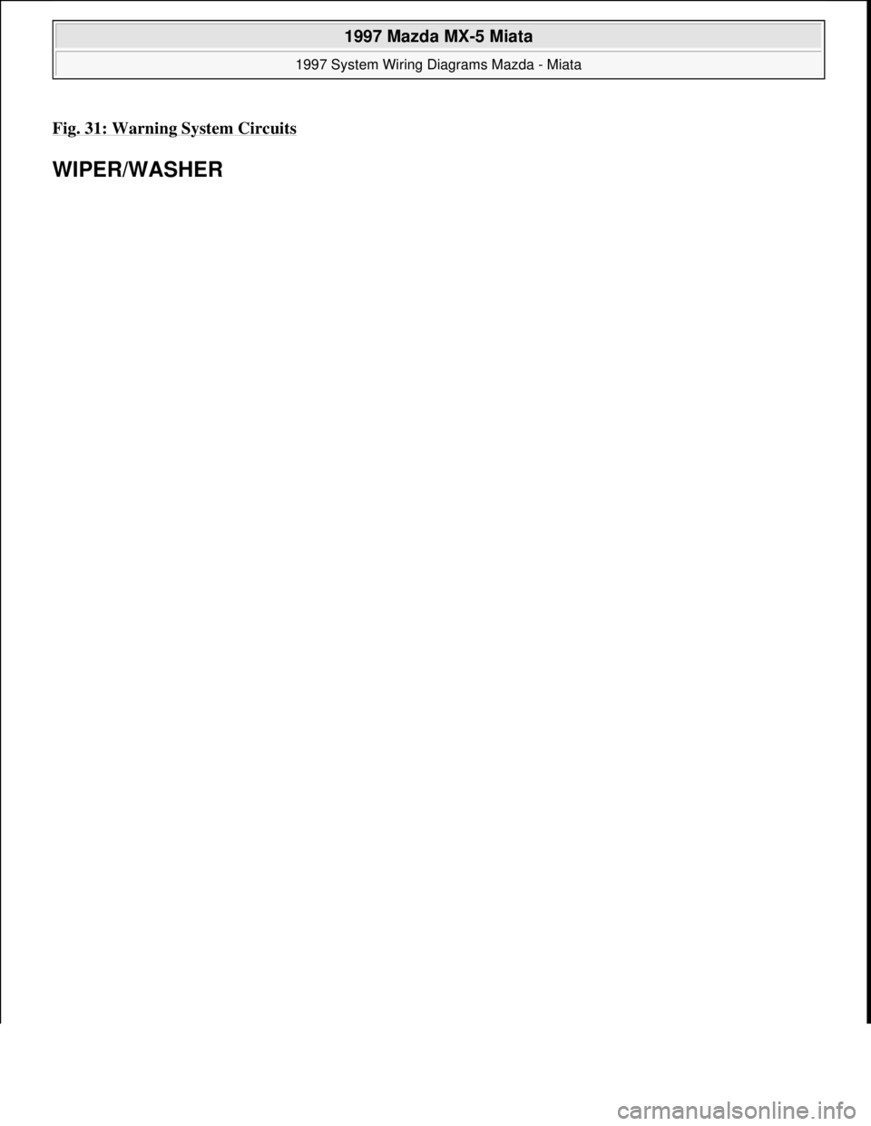 MAZDA MX-5 1997 Factory Repair Manual Fig. 31: Warning System Circuits
WIPER/WASHER
1997 Mazda MX-5 Miata
1997 System Wiring Diagrams Mazda - Miata
Microsoft
Sunday, July 05, 2009 1:31:52 PMPage 63 © 2005 Mitchell Repair Informa MAZDA MX-5 1997 Factory Repair Manual Fig. 31: Warning System Circuits
WIPER/WASHER
1997 Mazda MX-5 Miata
1997 System Wiring Diagrams Mazda - Miata
Microsoft
Sunday, July 05, 2009 1:31:52 PMPage 63 © 2005 Mitchell Repair Informa