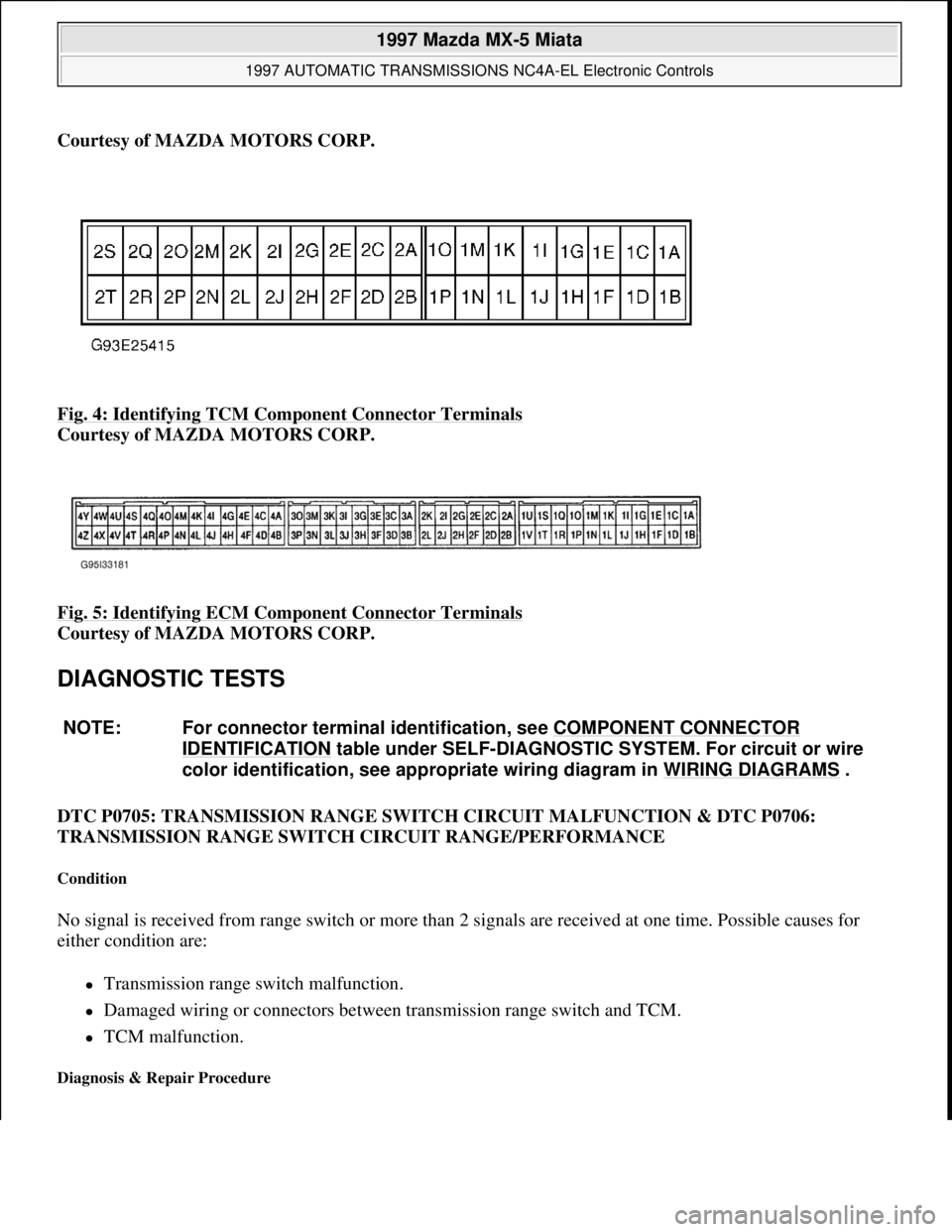 MAZDA MX-5 1997 Factory Workshop Manual Courtesy of MAZDA MOTORS CORP.
Fig. 4: Identifying TCM Component Connector Terminals
Courtesy of MAZDA MOTORS CORP.
Fig. 5: Identifying ECM Component Connector Terminals
Courtesy of MAZDA MOTORS MAZDA MX-5 1997 Factory Workshop Manual Courtesy of MAZDA MOTORS CORP.
Fig. 4: Identifying TCM Component Connector Terminals
Courtesy of MAZDA MOTORS CORP.
Fig. 5: Identifying ECM Component Connector Terminals
Courtesy of MAZDA MOTORS