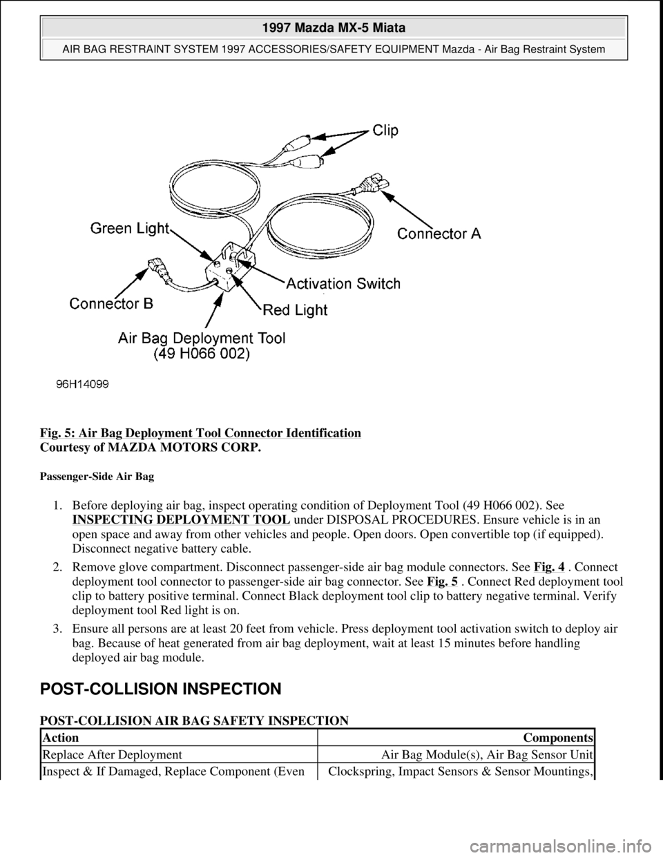 MAZDA MX-5 1997 Factory Repair Manual Fig. 5: Air Bag Deployment Tool Connector Identification
Courtesy of MAZDA MOTORS CORP.
Passenger-Side Air Bag
1. Before deploying air bag, inspect operating condition of Deployment Tool (49 H066 MAZDA MX-5 1997 Factory Repair Manual Fig. 5: Air Bag Deployment Tool Connector Identification
Courtesy of MAZDA MOTORS CORP.
Passenger-Side Air Bag
1. Before deploying air bag, inspect operating condition of Deployment Tool (49 H066
