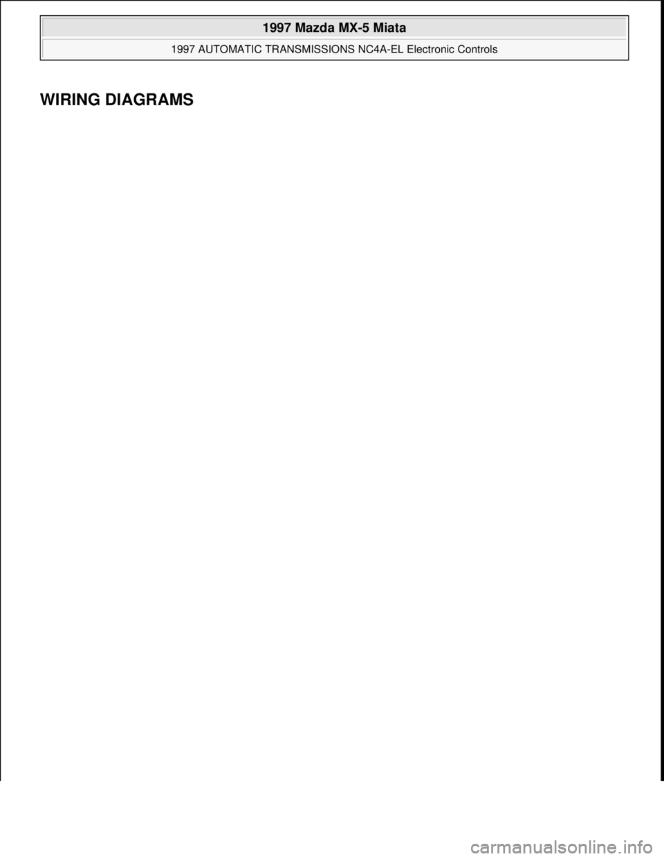 MAZDA MX-5 1997  Factory Manual PDF WIRING DIAGRAMS 
 
1997 Mazda MX-5 Miata 
1997 AUTOMATIC TRANSMISSIONS NC4A-EL Electronic Controls  
Microsoft  
Sunday, July 05, 2009 1:35:04 PMPage 28 © 2005 Mitchell Repair Information Company, LL