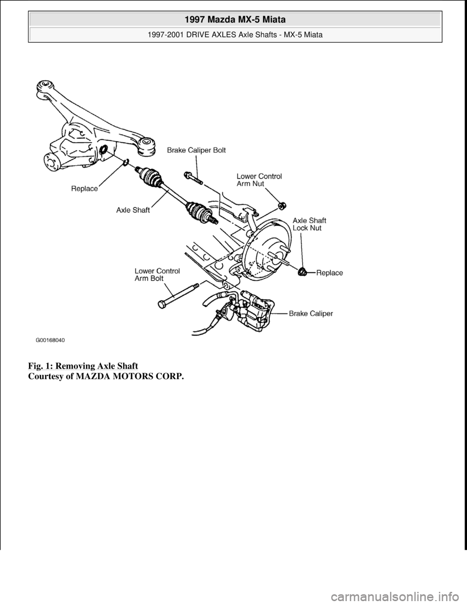 MAZDA MX-5 1997  Factory Manual PDF Fig. 1: Removing Axle Shaft 
Courtesy of MAZDA MOTORS CORP. 
 
1997 Mazda MX-5 Miata 
1997-2001 DRIVE AXLES Axle Shafts - MX-5 Miata  
Microsoft  
Sunday, July 05, 2009 1:51:37 PMPage 2 © 2005 Mitche