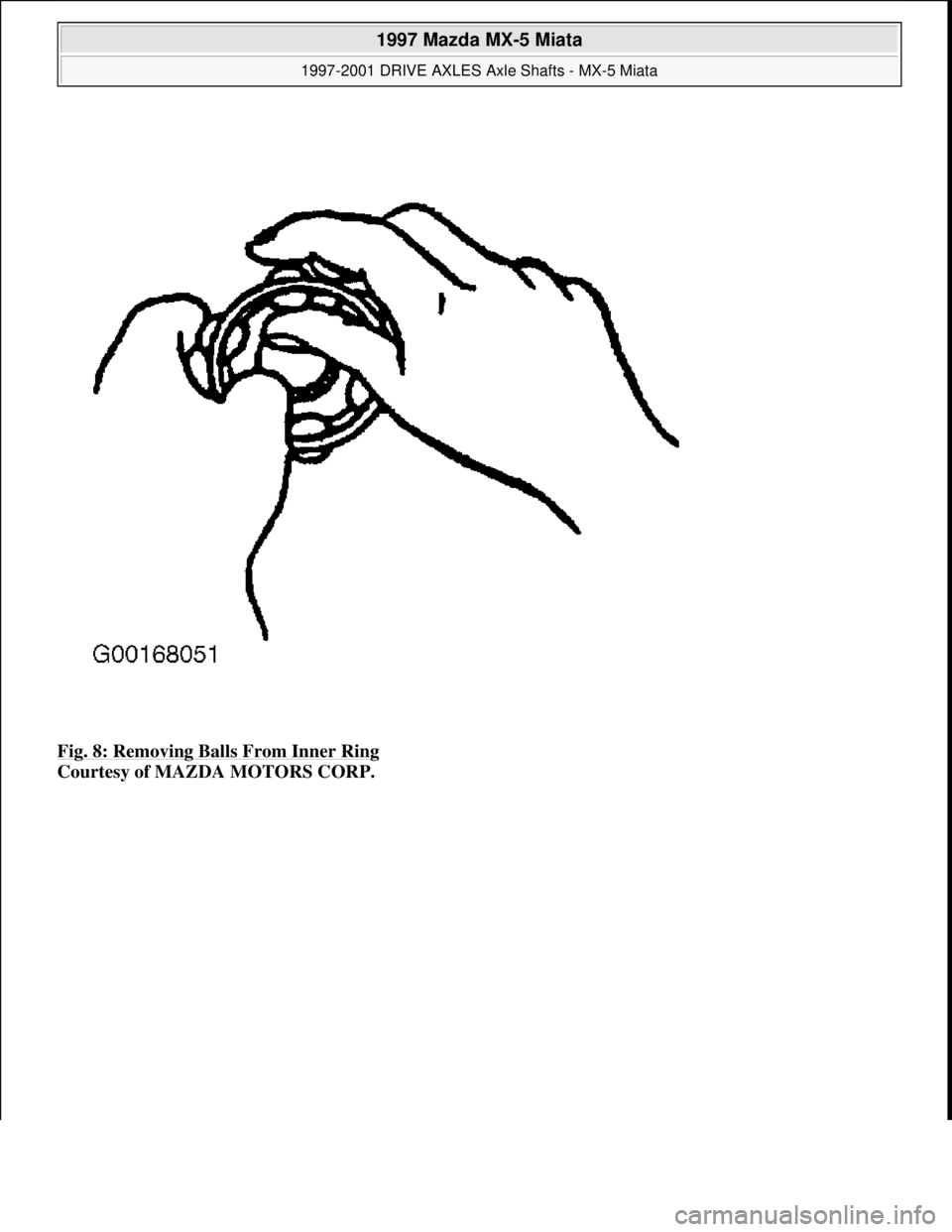MAZDA MX-5 1997  Factory Manual Online Fig. 8: Removing Balls From Inner Ring 
Courtesy of MAZDA MOTORS CORP. 
 
1997 Mazda MX-5 Miata 
1997-2001 DRIVE AXLES Axle Shafts - MX-5 Miata  
Microsoft  
Sunday, July 05, 2009 1:51:37 PMPage 9 © 