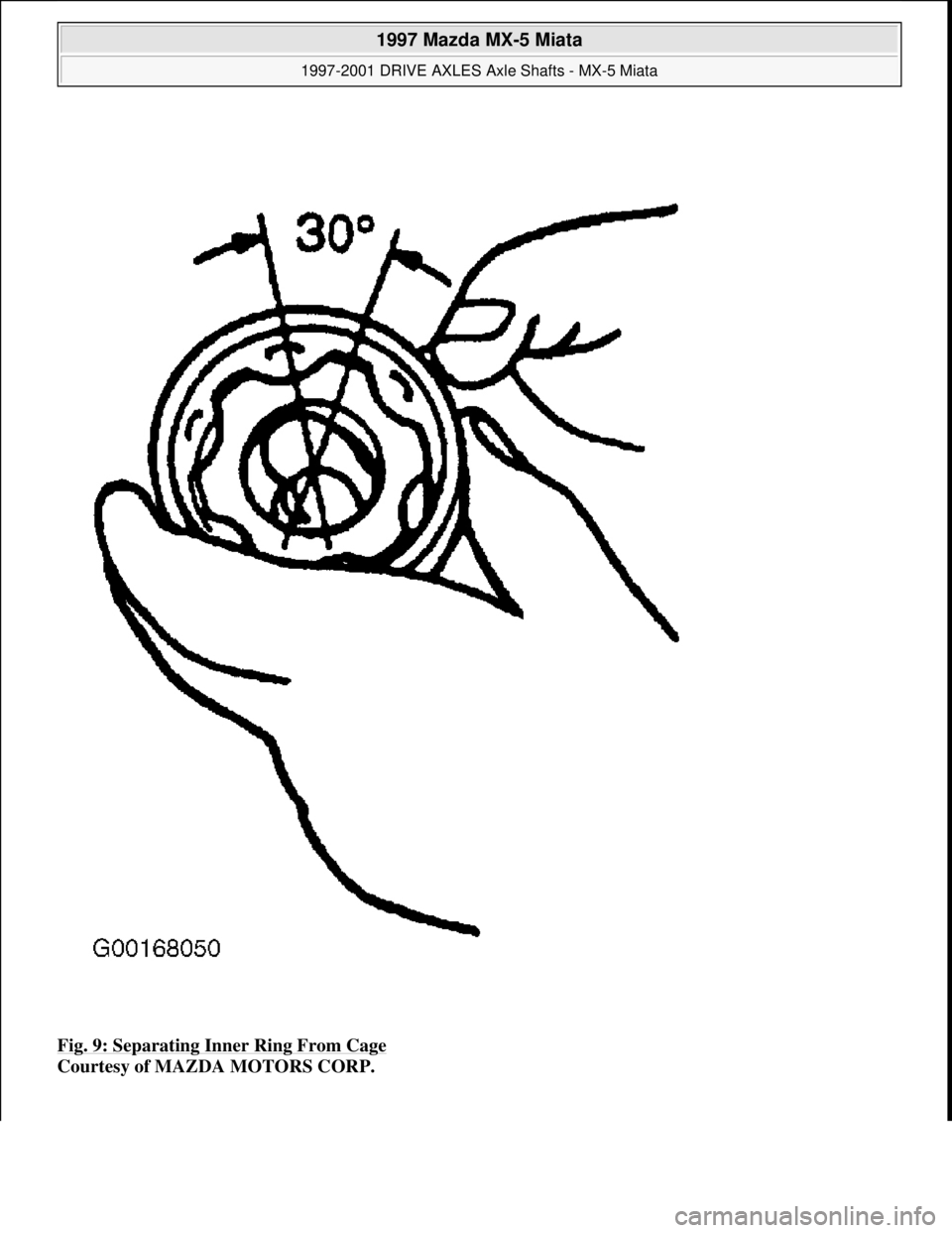 MAZDA MX-5 1997  Factory Manual Online Fig. 9: Separating Inner Ring From Cage 
Courtesy of MAZDA MOTORS CORP. 
 
1997 Mazda MX-5 Miata 
1997-2001 DRIVE AXLES Axle Shafts - MX-5 Miata  
Microsoft  
Sunday, July 05, 2009 1:51:37 PMPage 10 
