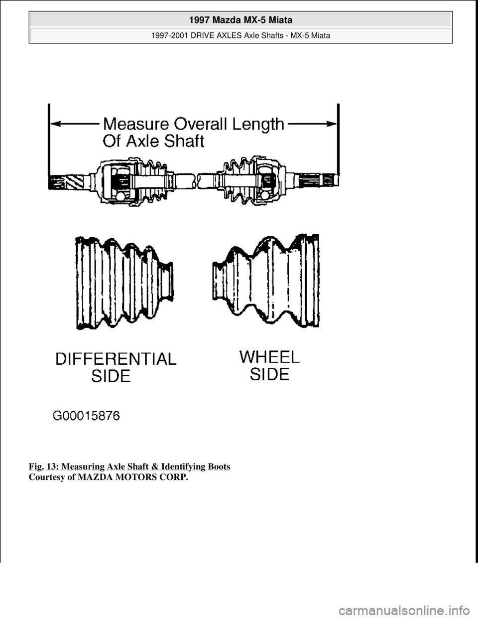 MAZDA MX-5 1997 Factory Owners Manual Fig. 13: Measuring Axle Shaft & Identifying Boots
Courtesy of MAZDA MOTORS CORP.
1997 Mazda MX-5 Miata
1997-2001 DRIVE AXLES Axle Shafts - MX-5 Miata
Microsoft
Sunday, July 05, 2009 1:51:37 P MAZDA MX-5 1997 Factory Owners Manual Fig. 13: Measuring Axle Shaft & Identifying Boots
Courtesy of MAZDA MOTORS CORP.
1997 Mazda MX-5 Miata
1997-2001 DRIVE AXLES Axle Shafts - MX-5 Miata
Microsoft
Sunday, July 05, 2009 1:51:37 P