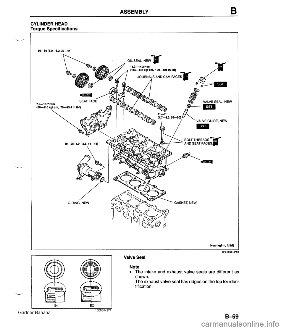 MAZDA MX-5 1994 Workshop Manual ASSEMBLY CYLINDER HEAD Torque Specifications Valve Seal Note The intake and exhaust valve seals are different as shown. The exhaust valve seal has ridges on the top for iden- tification. Gartner Bana MAZDA MX-5 1994 Workshop Manual ASSEMBLY CYLINDER HEAD Torque Specifications Valve Seal Note The intake and exhaust valve seals are different as shown. The exhaust valve seal has ridges on the top for iden- tification. Gartner Bana