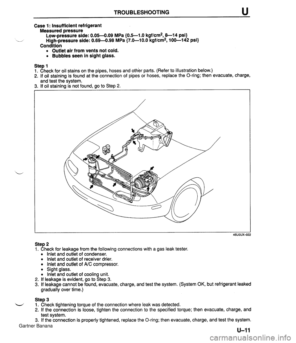 MAZDA MX-5 1994 User Guide TROUBLESHOOTING Case 1: Insufficient refrigerant Measured pressure Low-pressure side: 0.05-4.09 MPa (0.5--1.0 kgf/cm2, 8-1 4 psi) u High-pressure side: 0.69-498 MPa (7.0-1 0.0 kgflcm2, 100-142 psi) Co MAZDA MX-5 1994 User Guide TROUBLESHOOTING Case 1: Insufficient refrigerant Measured pressure Low-pressure side: 0.05-4.09 MPa (0.5--1.0 kgf/cm2, 8-1 4 psi) u High-pressure side: 0.69-498 MPa (7.0-1 0.0 kgflcm2, 100-142 psi) Co