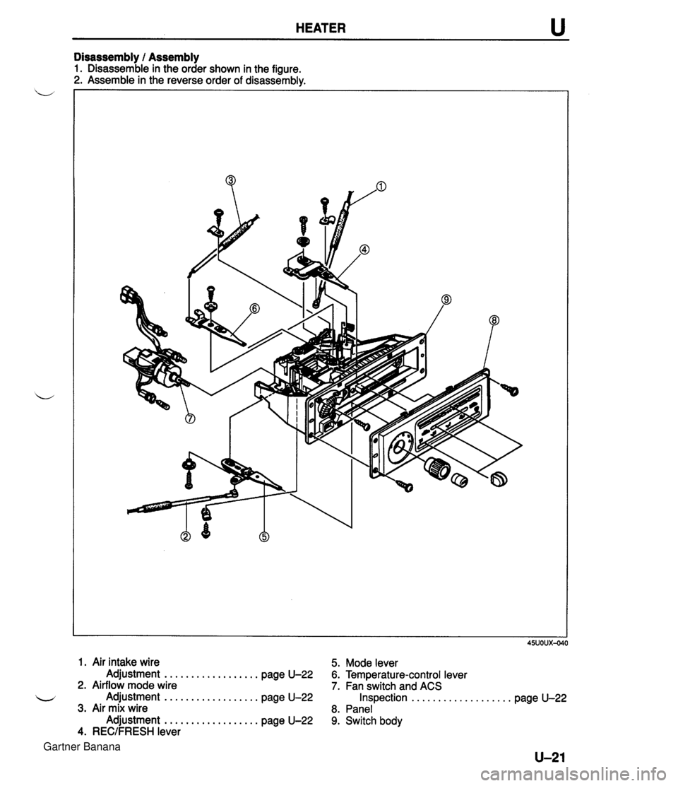 MAZDA MX-5 1994 Workshop Manual HEATER u Disassembly 1 Assembly 1. Disassemble in the order shown in the figure. 2. Assemble in the reverse order of disassembly. 1. Air intake wire 5. Mode lever Adjustment .................. page U- MAZDA MX-5 1994 Workshop Manual HEATER u Disassembly 1 Assembly 1. Disassemble in the order shown in the figure. 2. Assemble in the reverse order of disassembly. 1. Air intake wire 5. Mode lever Adjustment .................. page U-